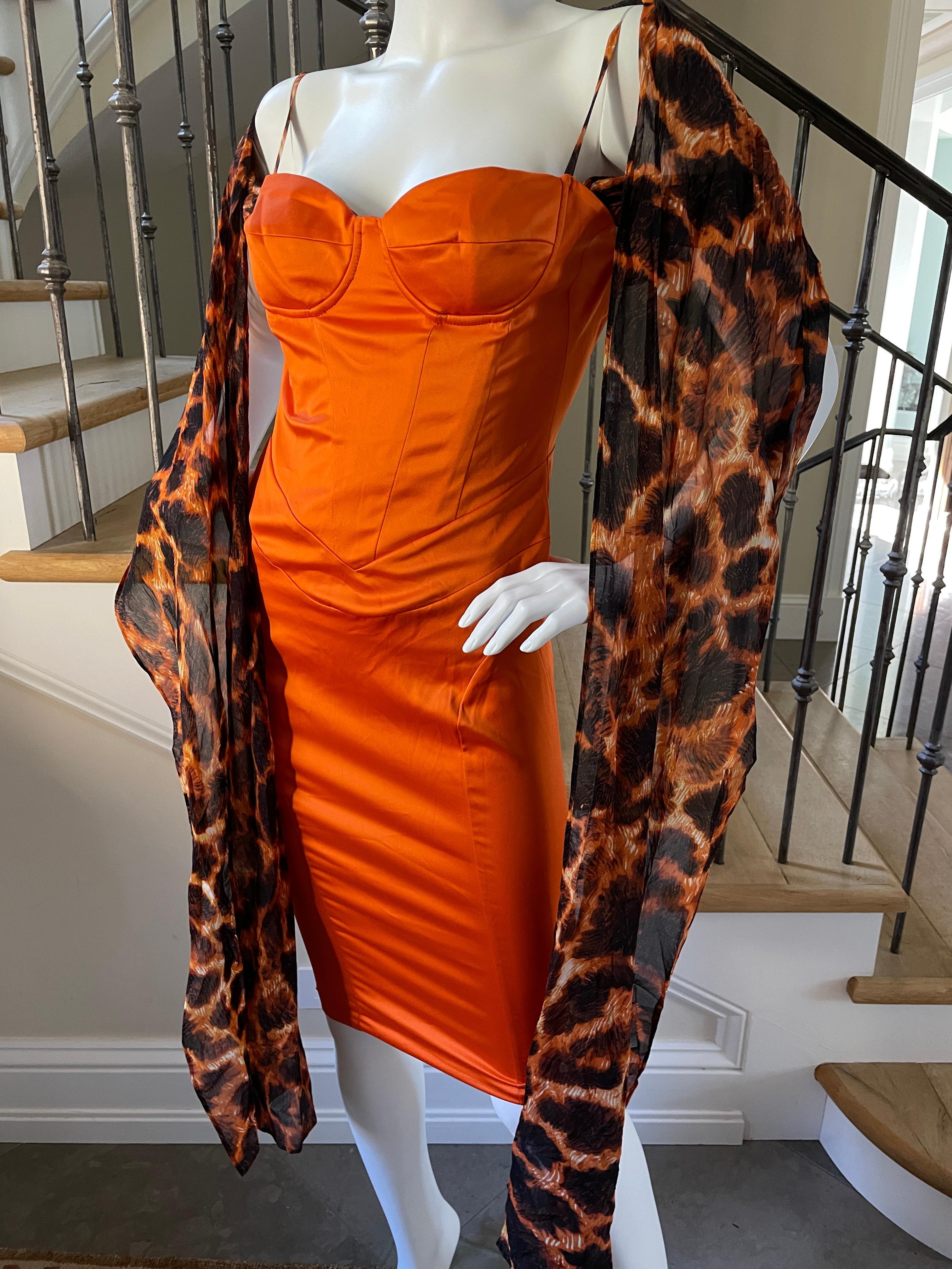 Just Cavalli Vintage Orange Corset Dress with Attached Animal Print Scarves In Excellent Condition For Sale In Cloverdale, CA