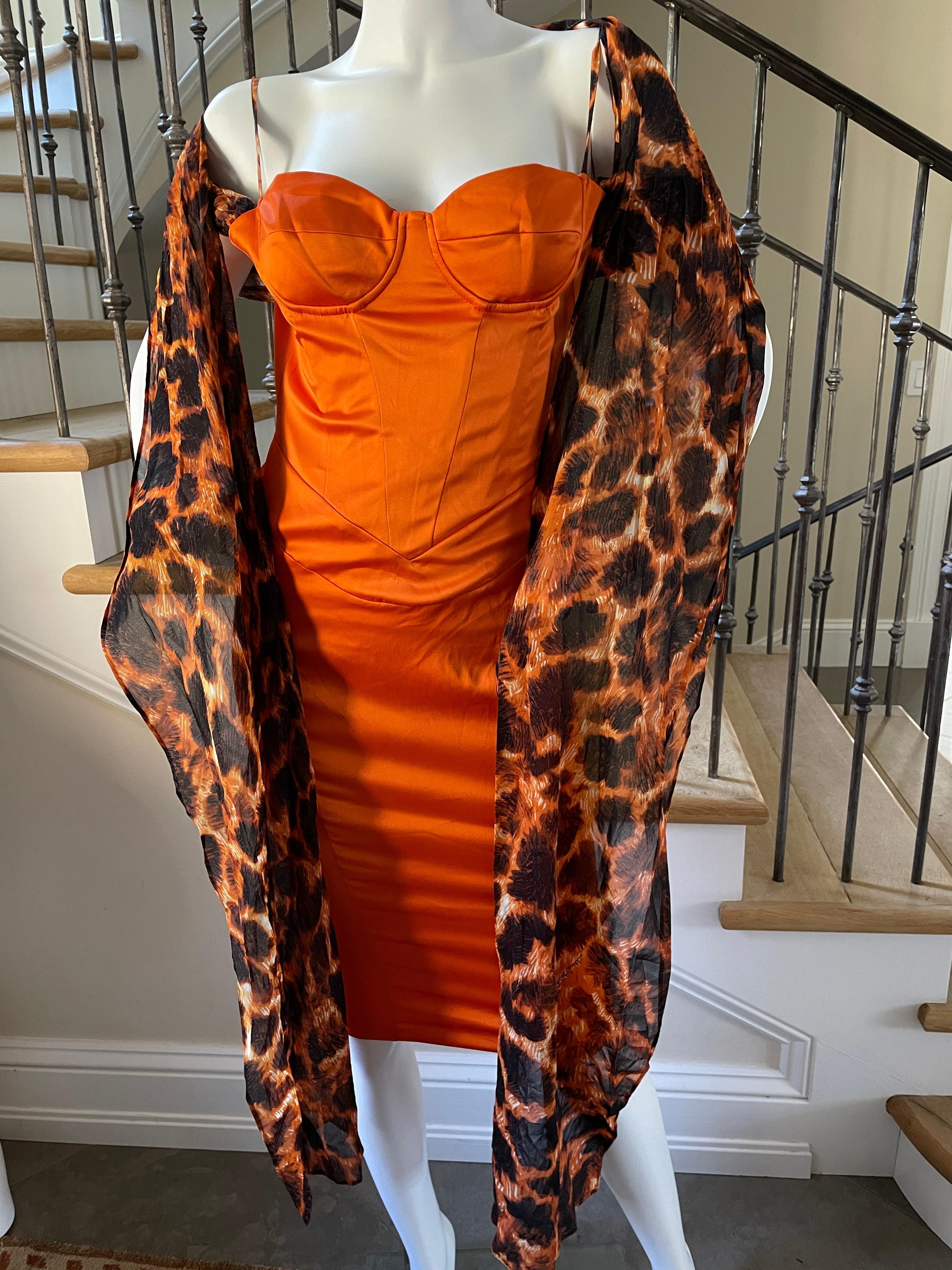 Women's Just Cavalli Vintage Orange Corset Dress with Attached Animal Print Scarves For Sale