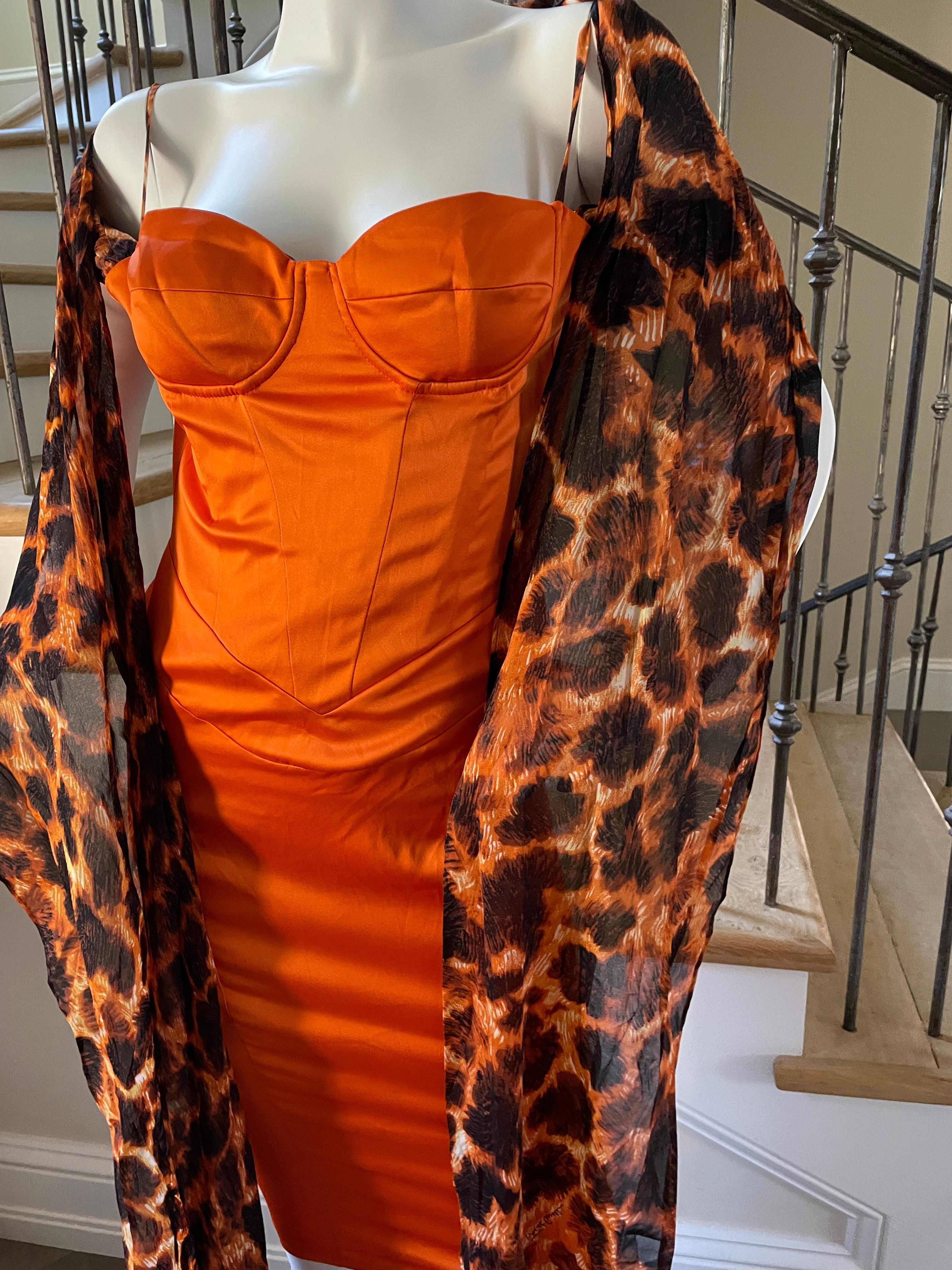 Just Cavalli Vintage Orange Corset Dress with Attached Animal Print Scarves For Sale 1