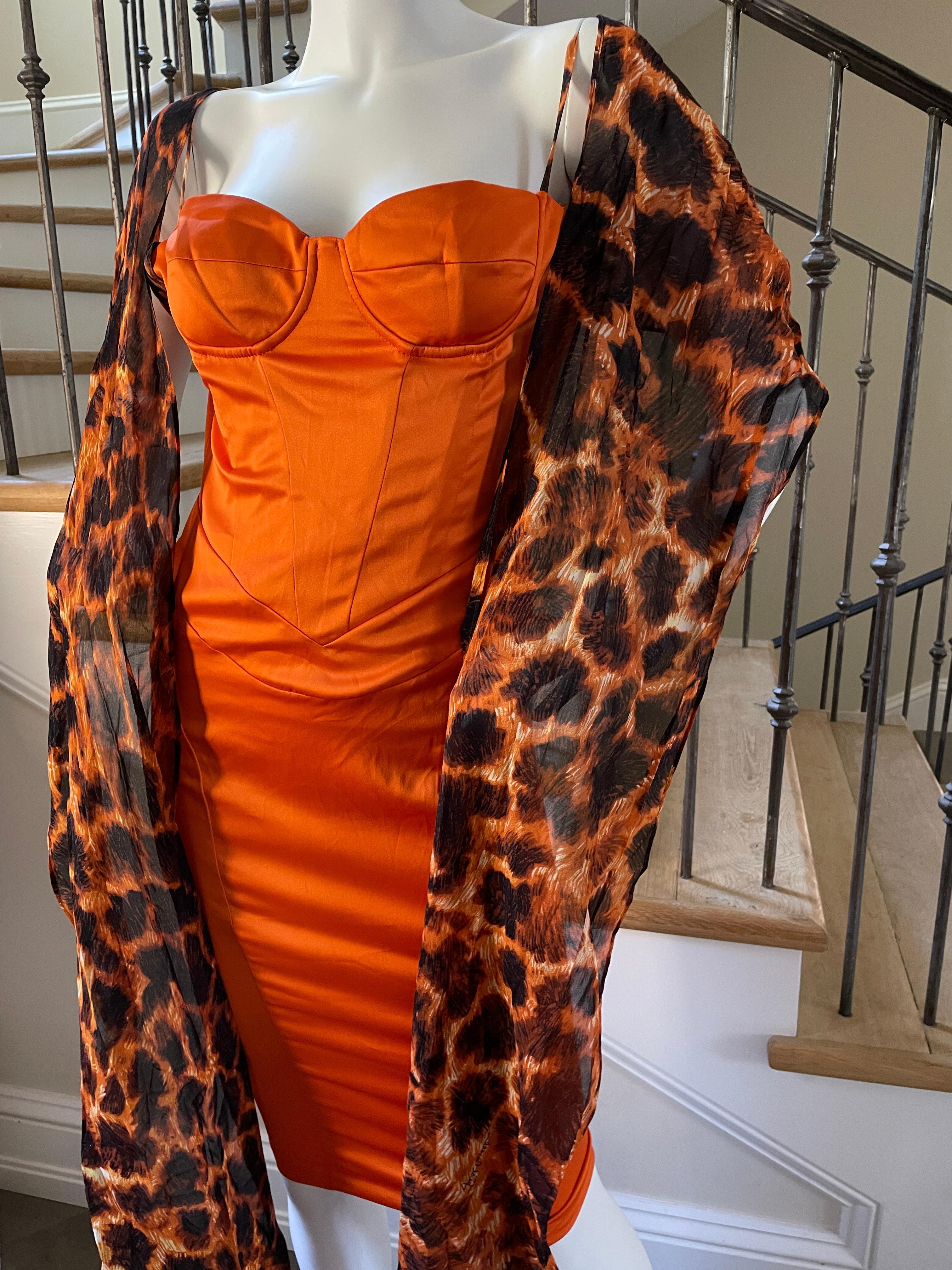 Just Cavalli Vintage Orange Corset Dress with Attached Animal Print Scarves For Sale 2