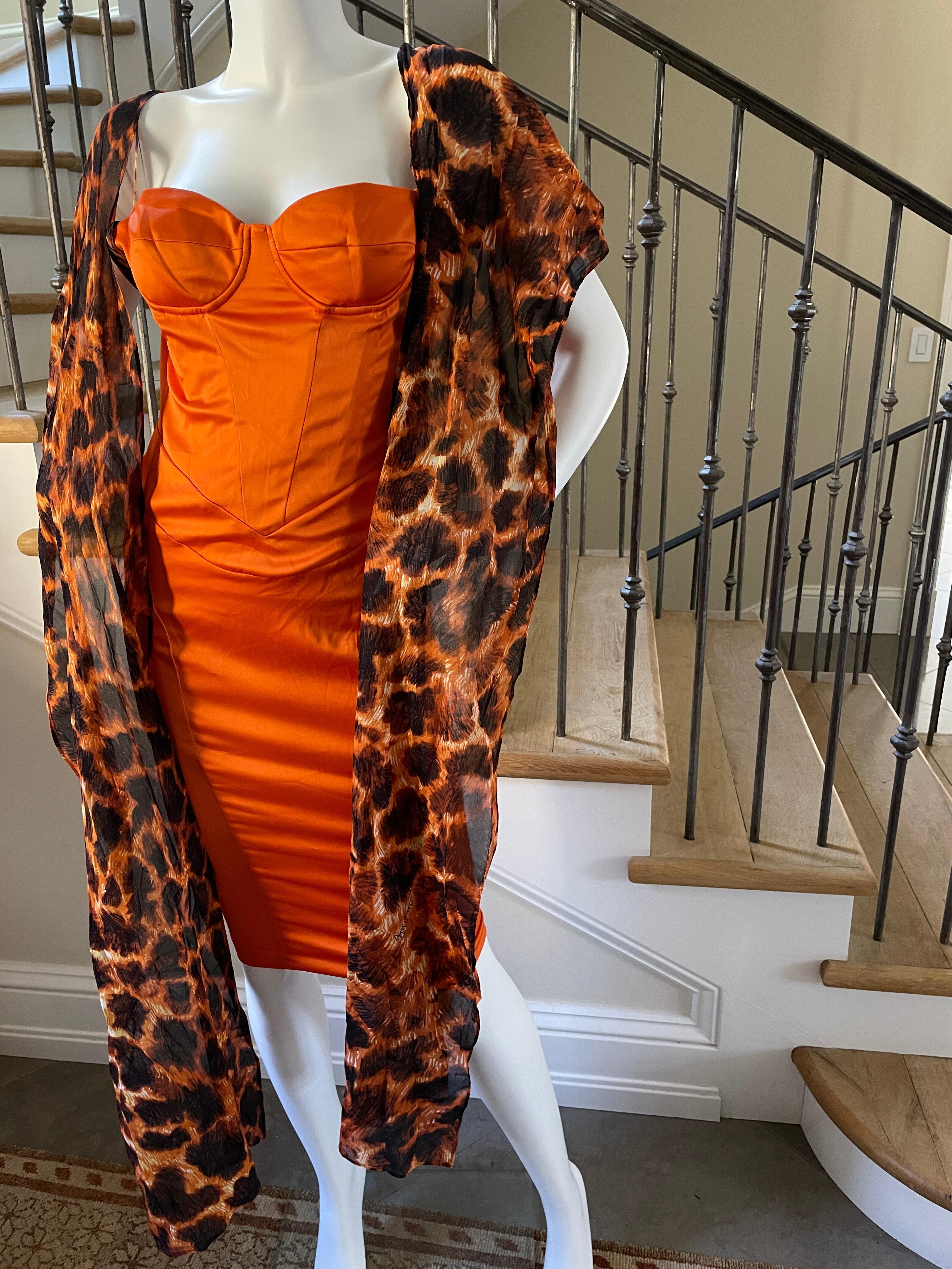 Just Cavalli Vintage Orange Corset Dress with Attached Animal Print Scarves For Sale 3