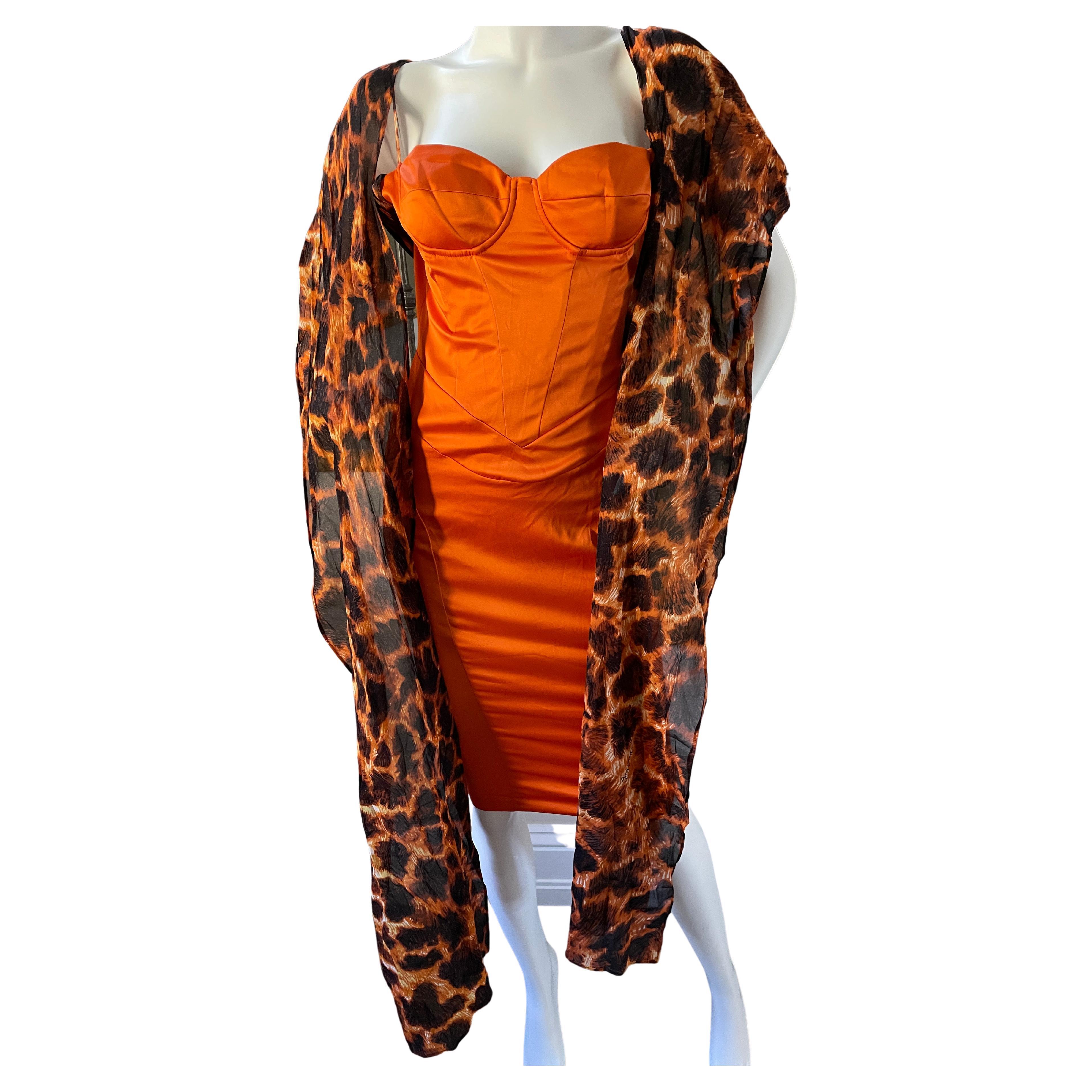 Just Cavalli Vintage Orange Corset Dress with Attached Animal Print Scarves For Sale