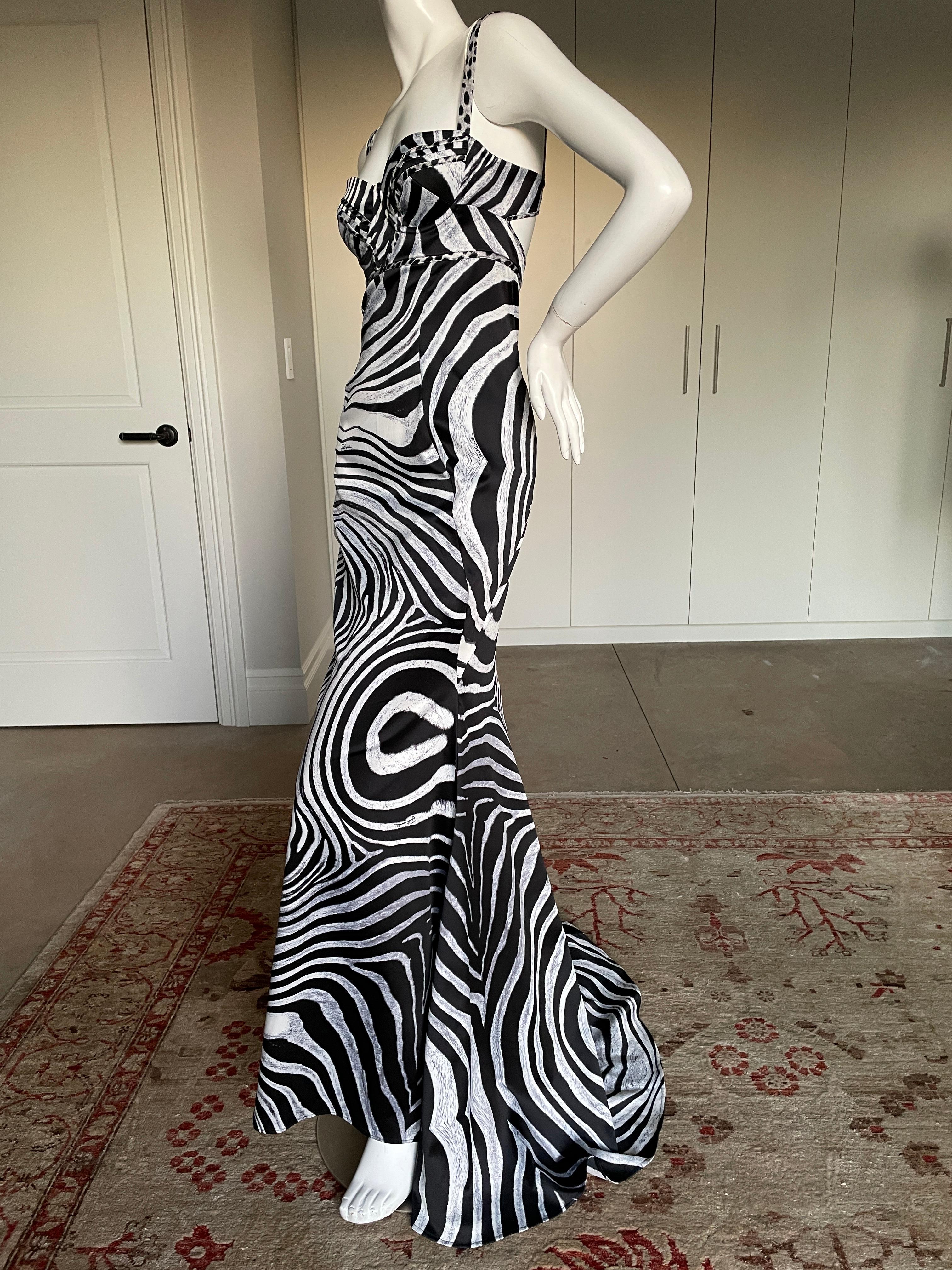 Just Cavalli Vintage Zebra Print Mermaid Dress with Sexy Back and Train  For Sale 5