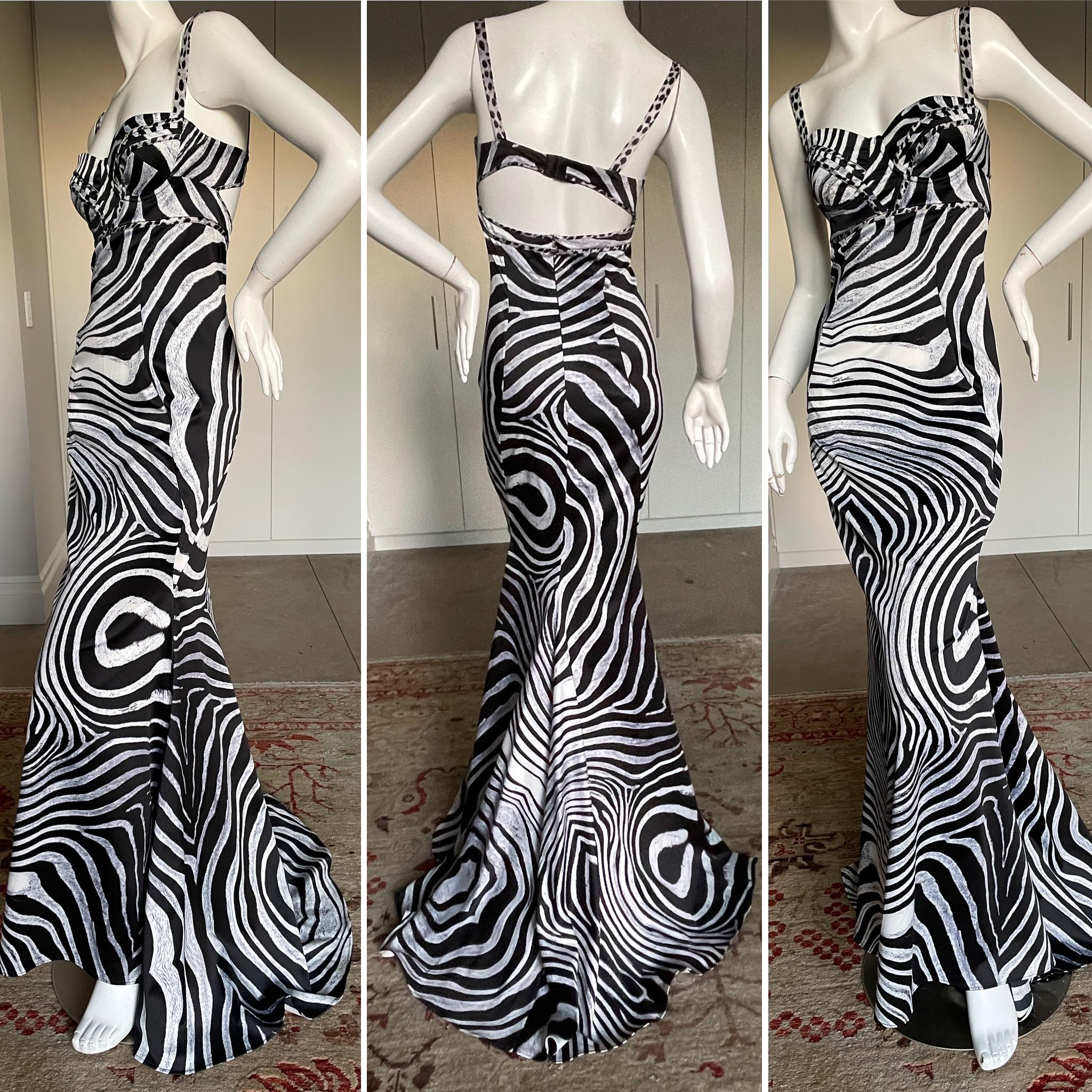 Just Cavalli Vintage Zebra Print Mermaid Dress with Sexy Back and Train 
 This is so pretty, use the zoom feature to see details.
Size 40
Bust 35