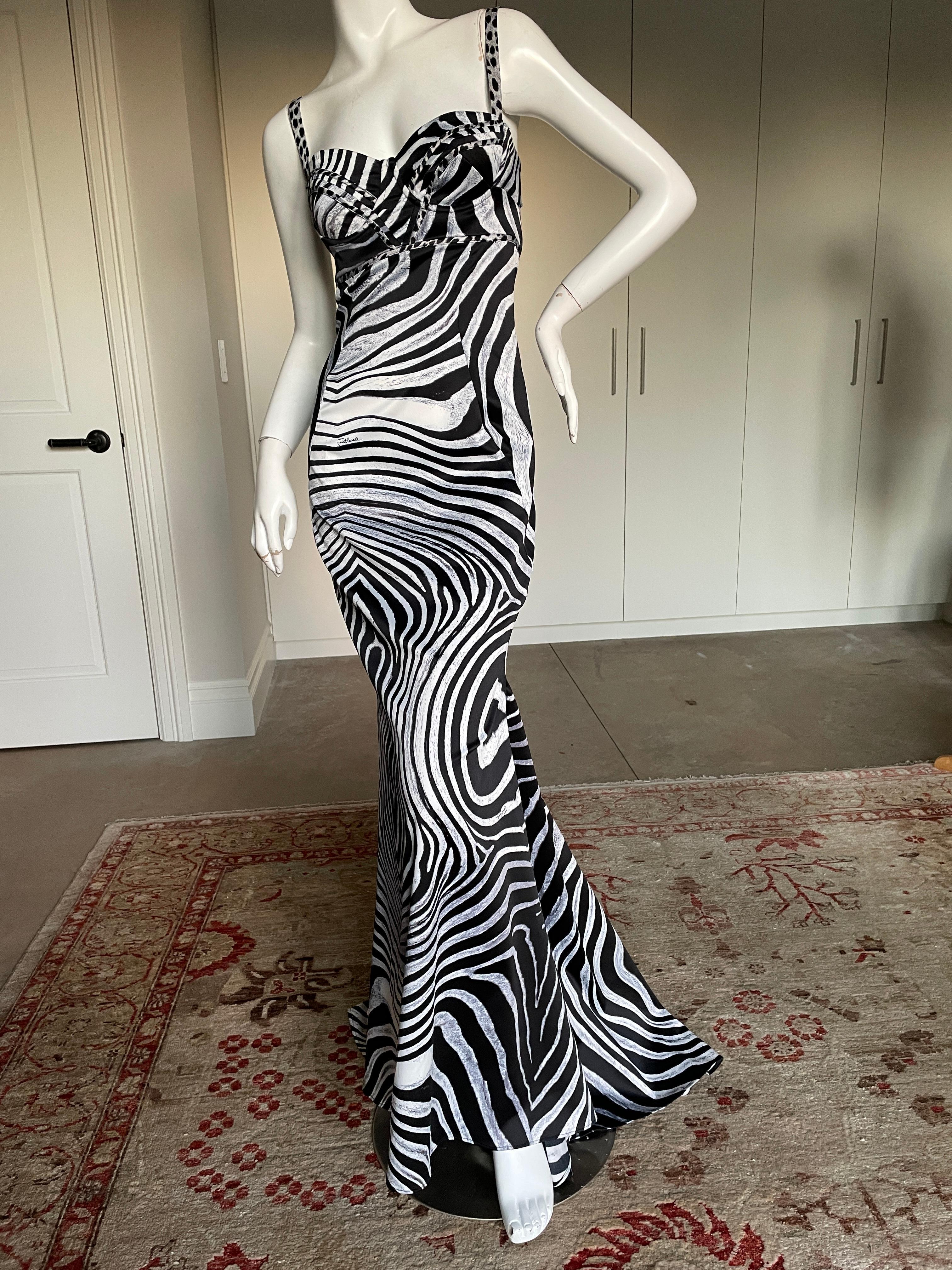 Just Cavalli Vintage Zebra Print Mermaid Dress with Sexy Back and Train  For Sale 1