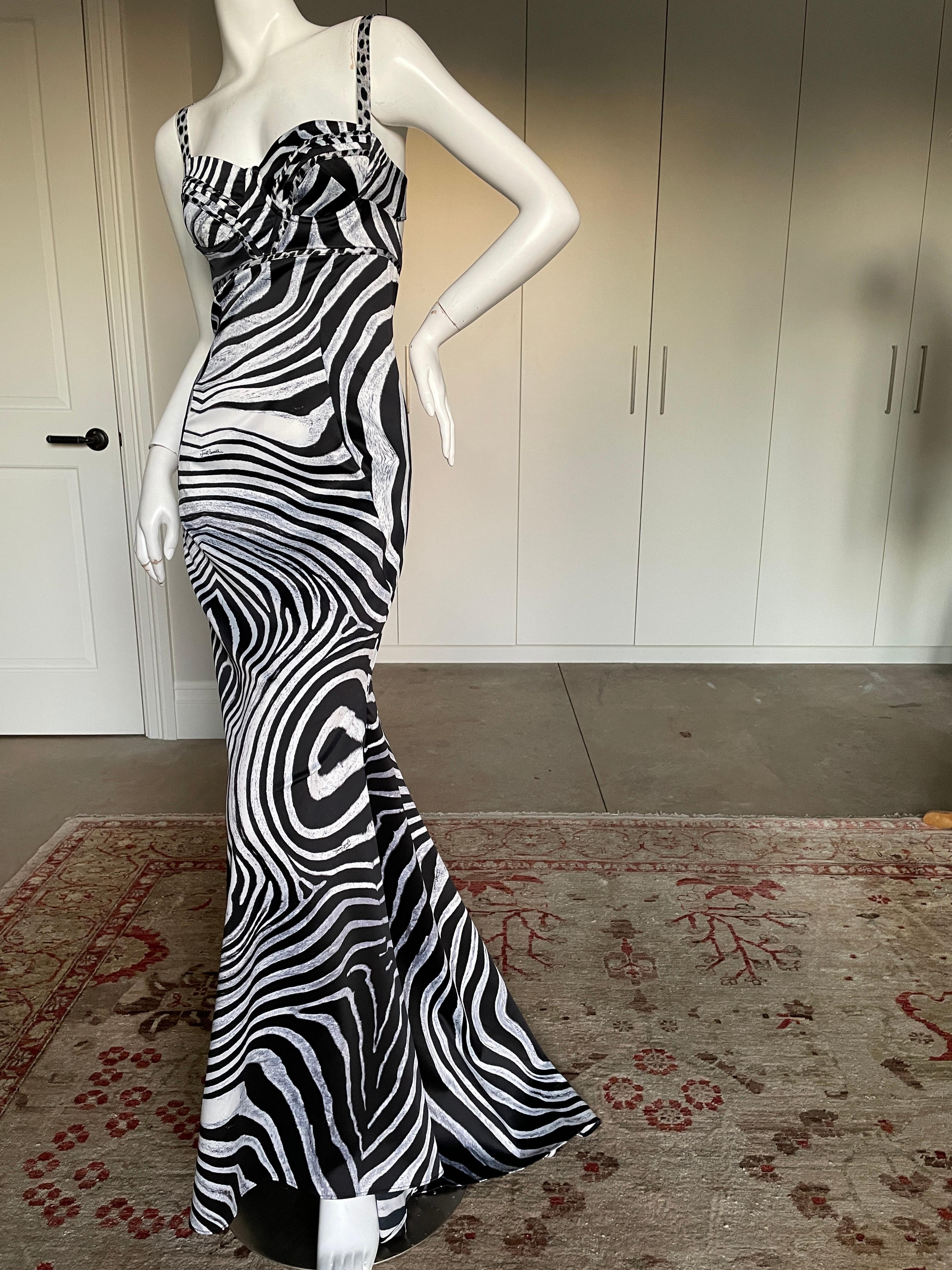 Just Cavalli Vintage Zebra Print Mermaid Dress with Sexy Back and Train  For Sale 3