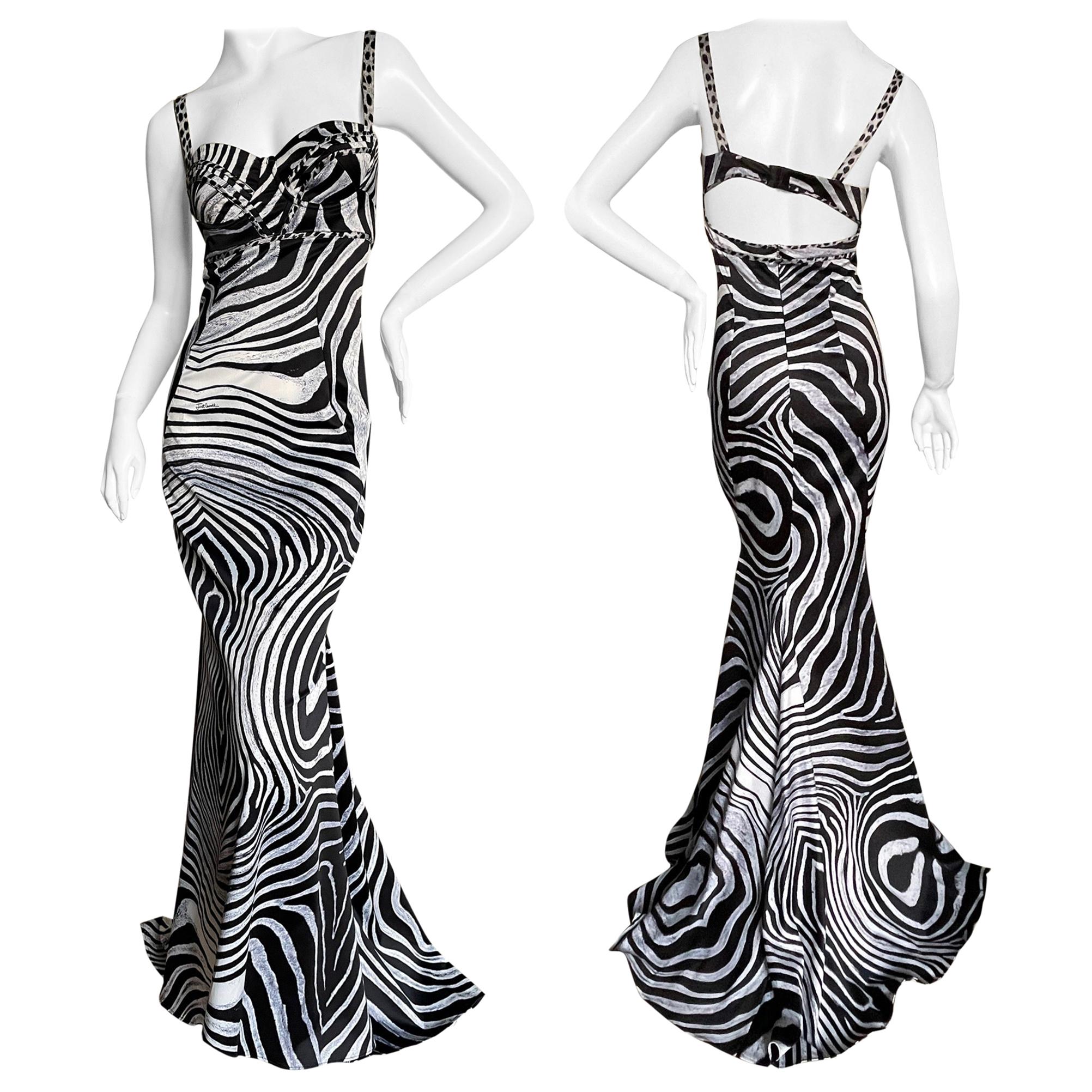 Just Cavalli Vintage Zebra Print Mermaid Dress with Sexy Back and Train  For Sale