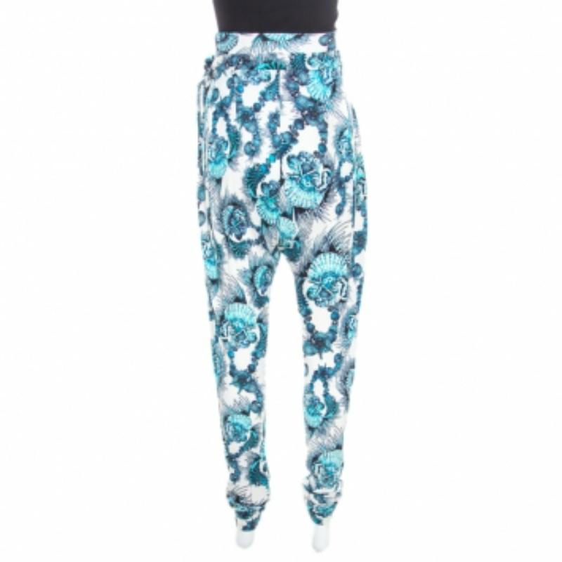 Just Cavalli Pantalones con detalle de lazo drapeado estampados en concha blanca y azul M Azul en venta