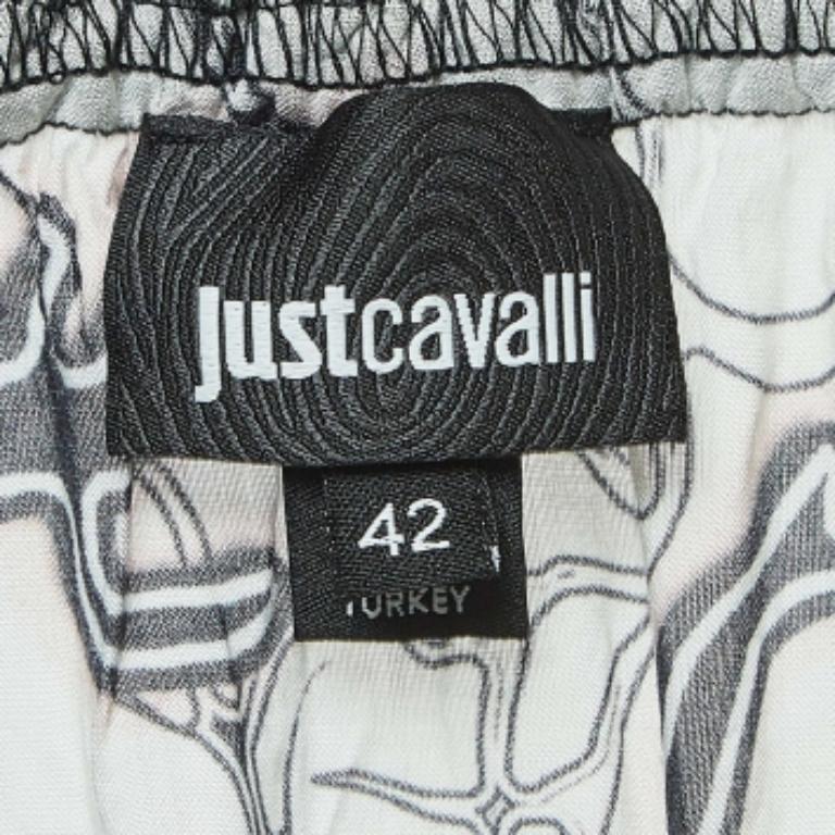 Donna Just Cavalli Bianco/Nero Crepe Stampato Increspato Crop Top Off-Shoulder M in vendita