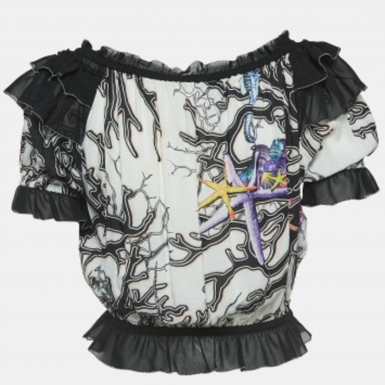 Just Cavalli Bianco/Nero Crepe Stampato Increspato Crop Top Off-Shoulder M in vendita 1