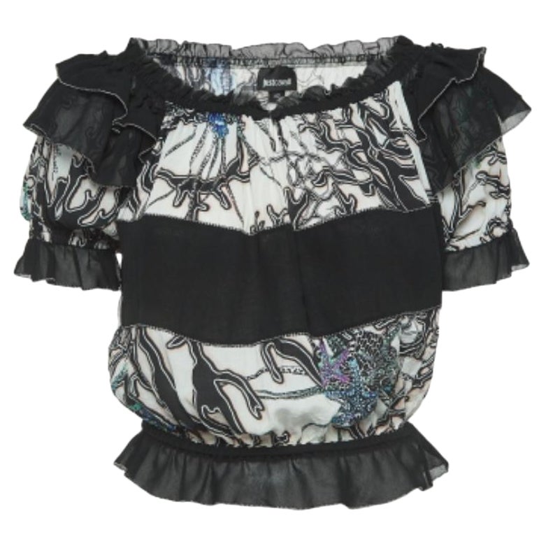 Just Cavalli Bianco/Nero Crepe Stampato Increspato Crop Top Off-Shoulder M in vendita