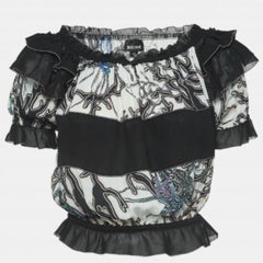 Just Cavalli Bianco/Nero Crepe Stampato Increspato Crop Top Off-Shoulder M
