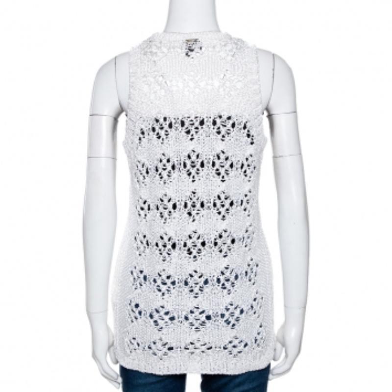 Just Cavalli White Cotton Open Crochet Knit Sleeveless Top M (Grau) im Angebot