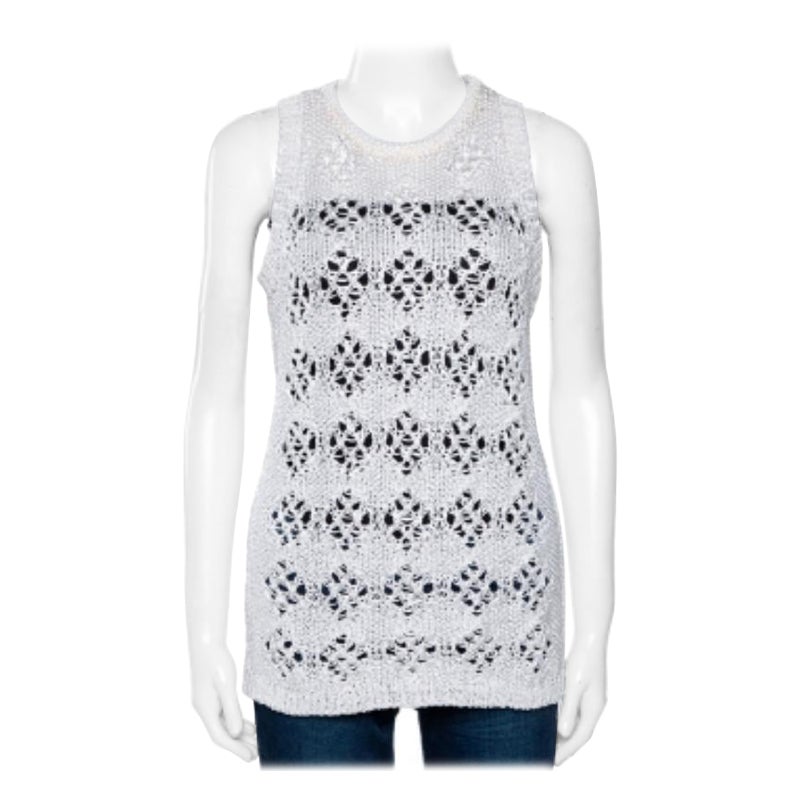 Just Cavalli White Cotton Open Crochet Knit Sleeveless Top M