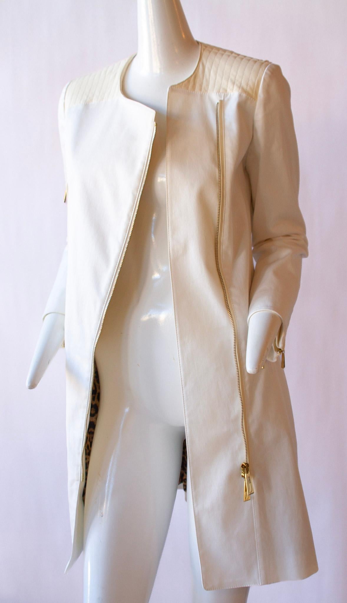 Just Cavalli full-length white zipper coat with leopard lining