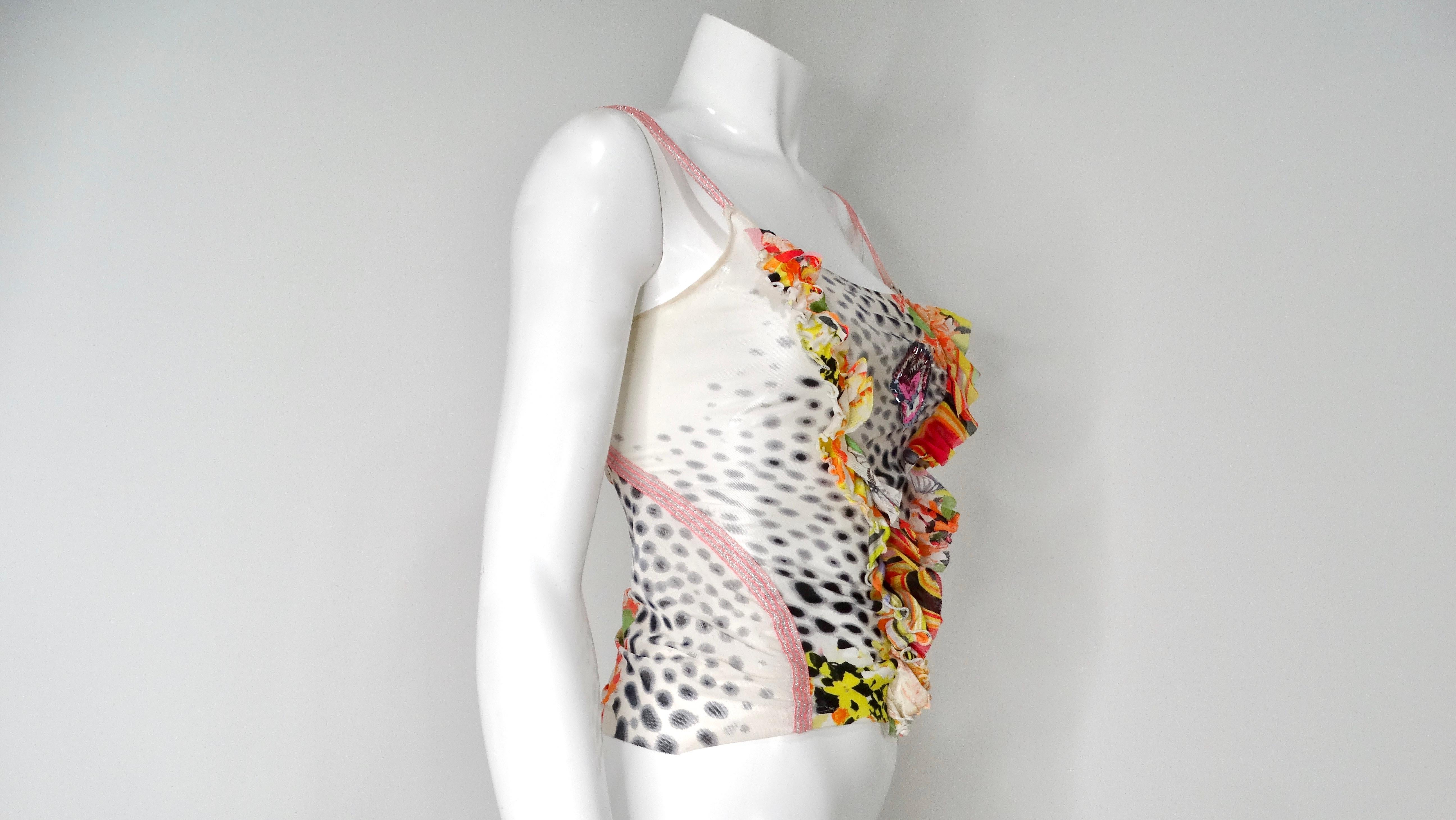 Just Cavalli Y2K à volants et imprimé floral abstrait multicolore  Débardeur en maille Pour femmes en vente