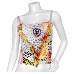 Just Cavalli Y2K Ruffle & Multicolor Abstract Floral Print  Mesh Tank Top