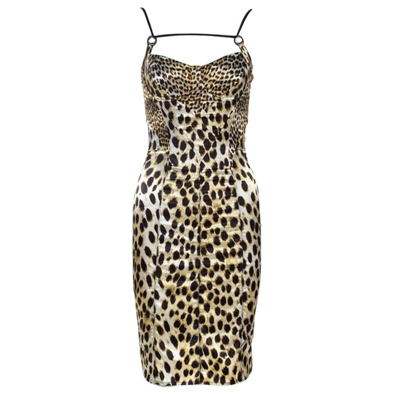 Just Cavalli Yellow Stretch Satin Leopard Print Corset Dress S