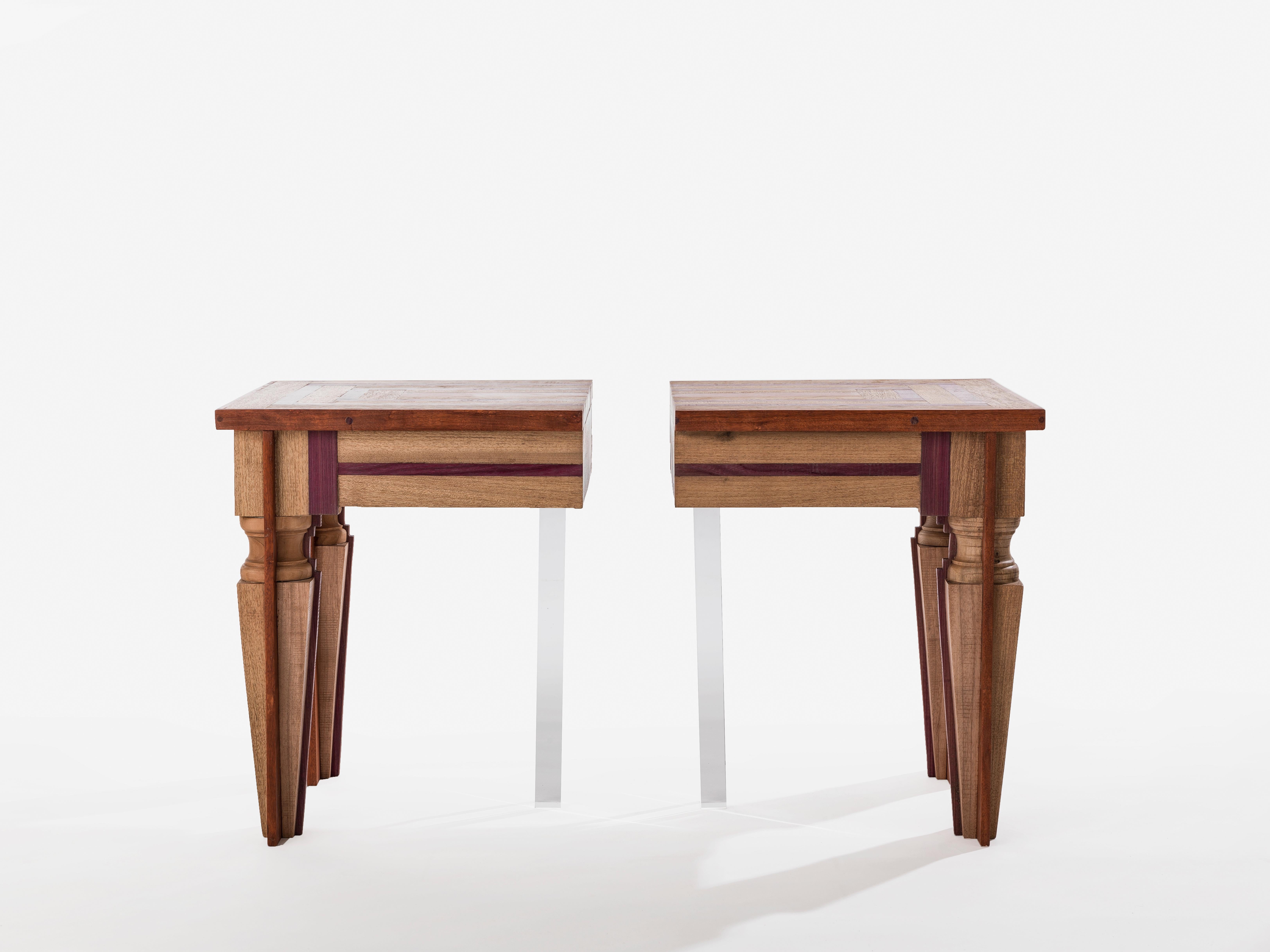 Just Contrast Side Table by Hillsideout
Dimensions: W 40 x D 40 x H 48 cm.
Materials: Amazonian Woods (Walnut, Muirapiranga), Handcrafted Italian nut Wood, Acrylic.

Hillsideout is an Italian-German collaboration which combines antique restoration