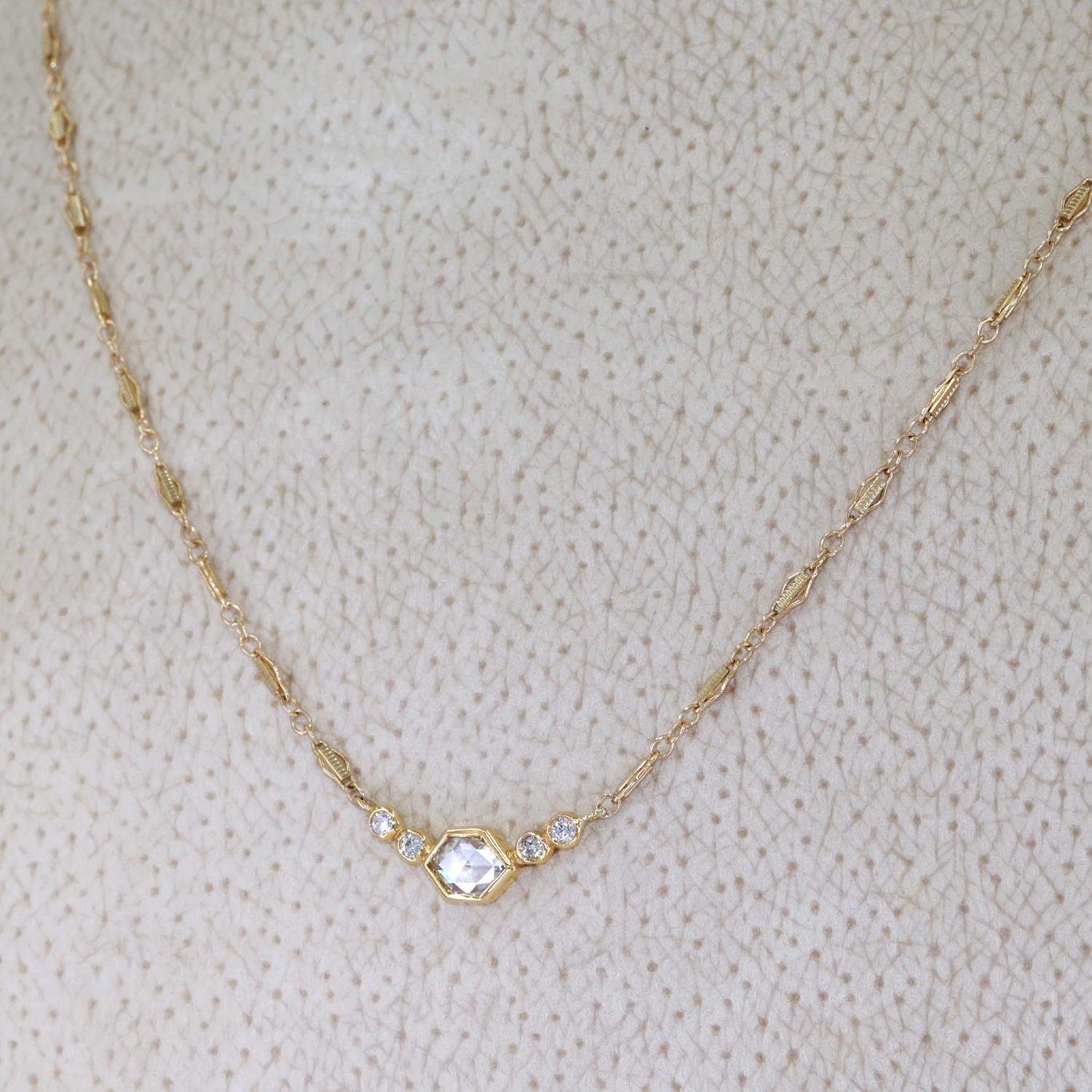 One of a Kind Deco Five Stone Necklace by jewelry designer Just Jules handmade in 14k yellow gold featuring a vibrant, shimmering 0.30 carat hexagonal rose-cut diamond flanked by four round brilliant-cut diamonds totaling 0.08 carats, individually