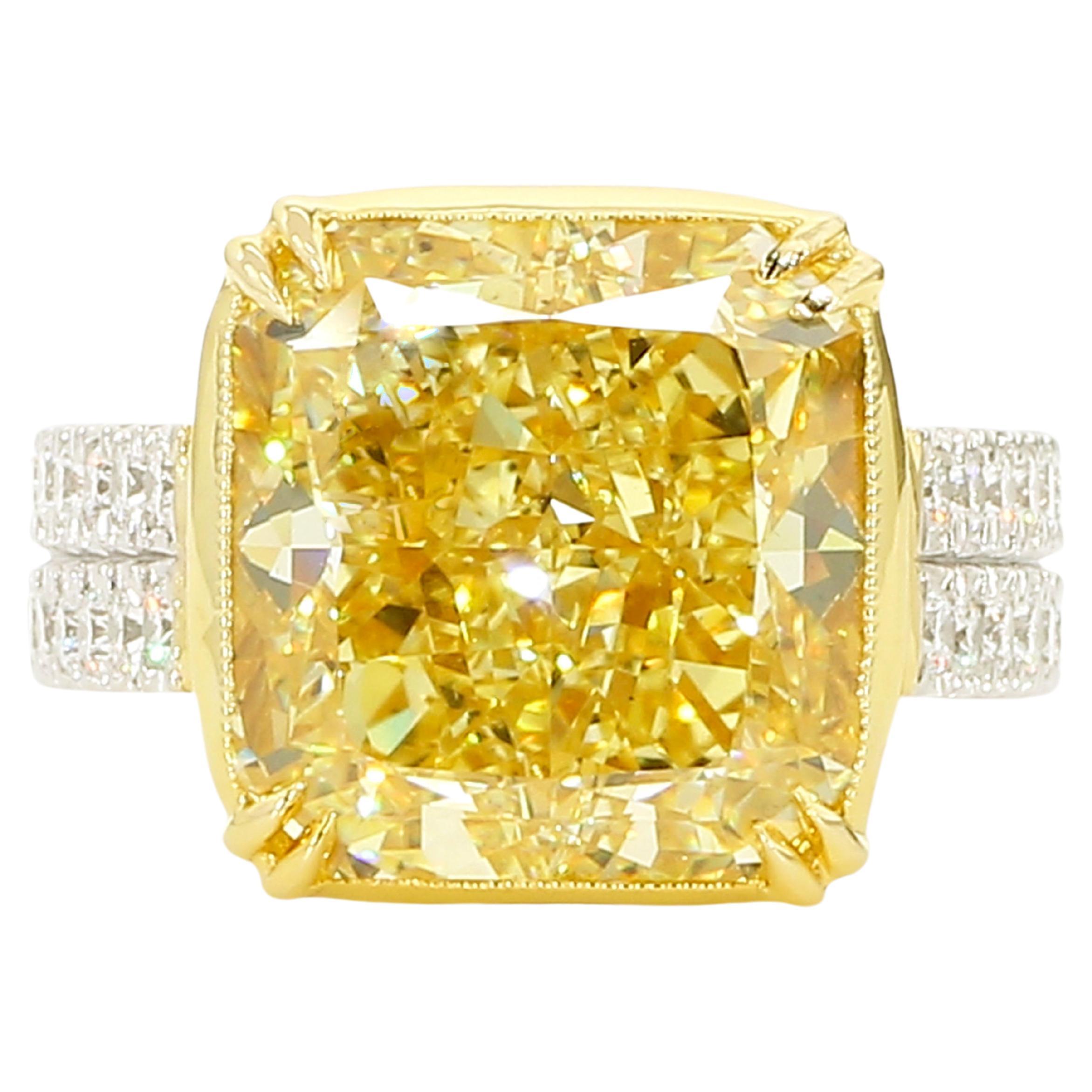 Just under 12 Carat Fancy Yellow Diamond Engagement Ring, In Platinum GIA Cert. For Sale