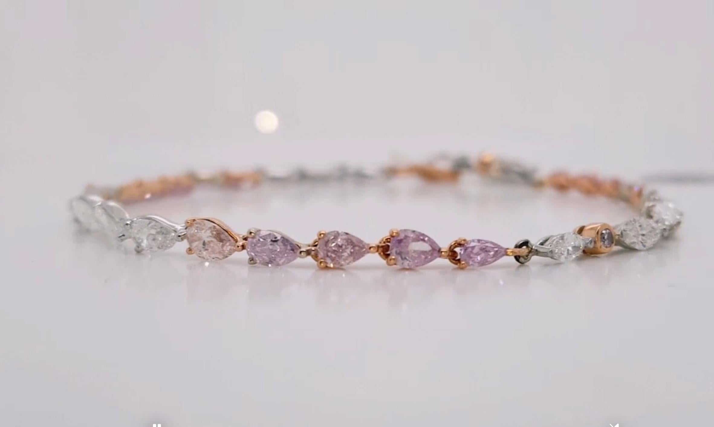 Pear Cut Just under 5 Carat Pear-Shaped Natural Diamond Pink Tennis Bracelet, 18K Gold. For Sale