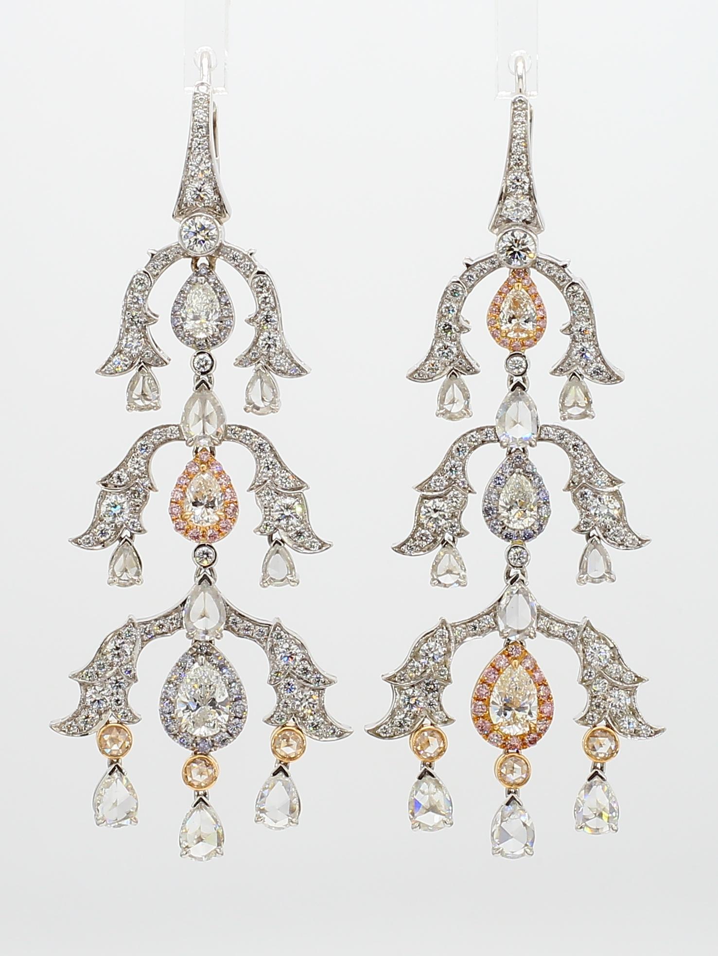 Pear Cut Just Under 7 Ct. White & Pink Diamond 18k Yellow Gold Chandelier Drop Earrings. For Sale