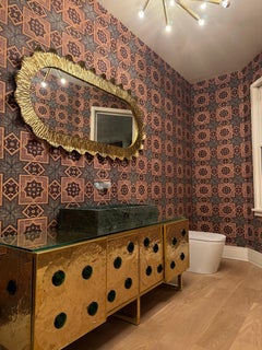 Justfurnituress Brass Vanity with Murano Glass and Verde Guatemala Marble Sink