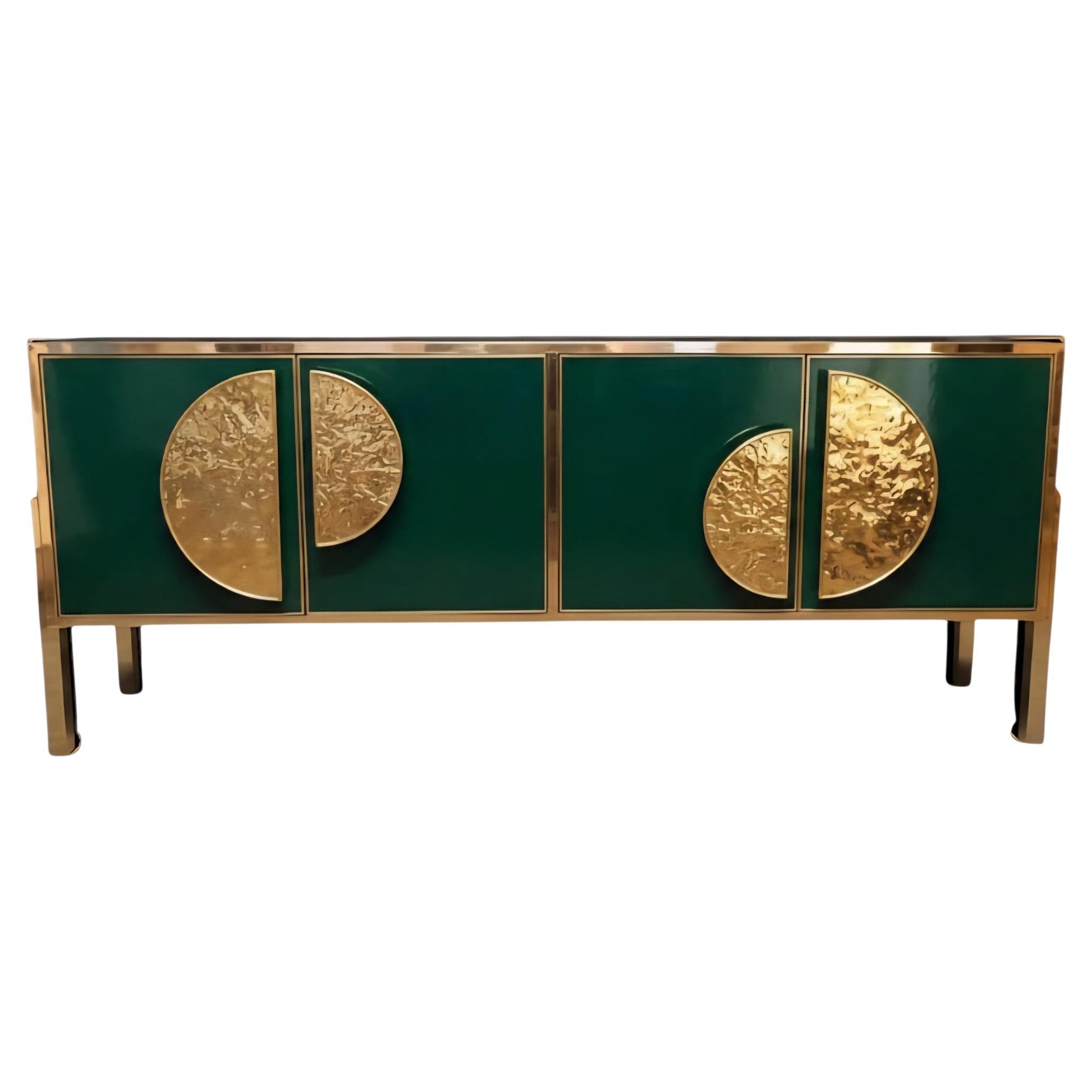 Justfurnituress Green Glass 
Brass Sideboard, Handmade Art Deco in vendita