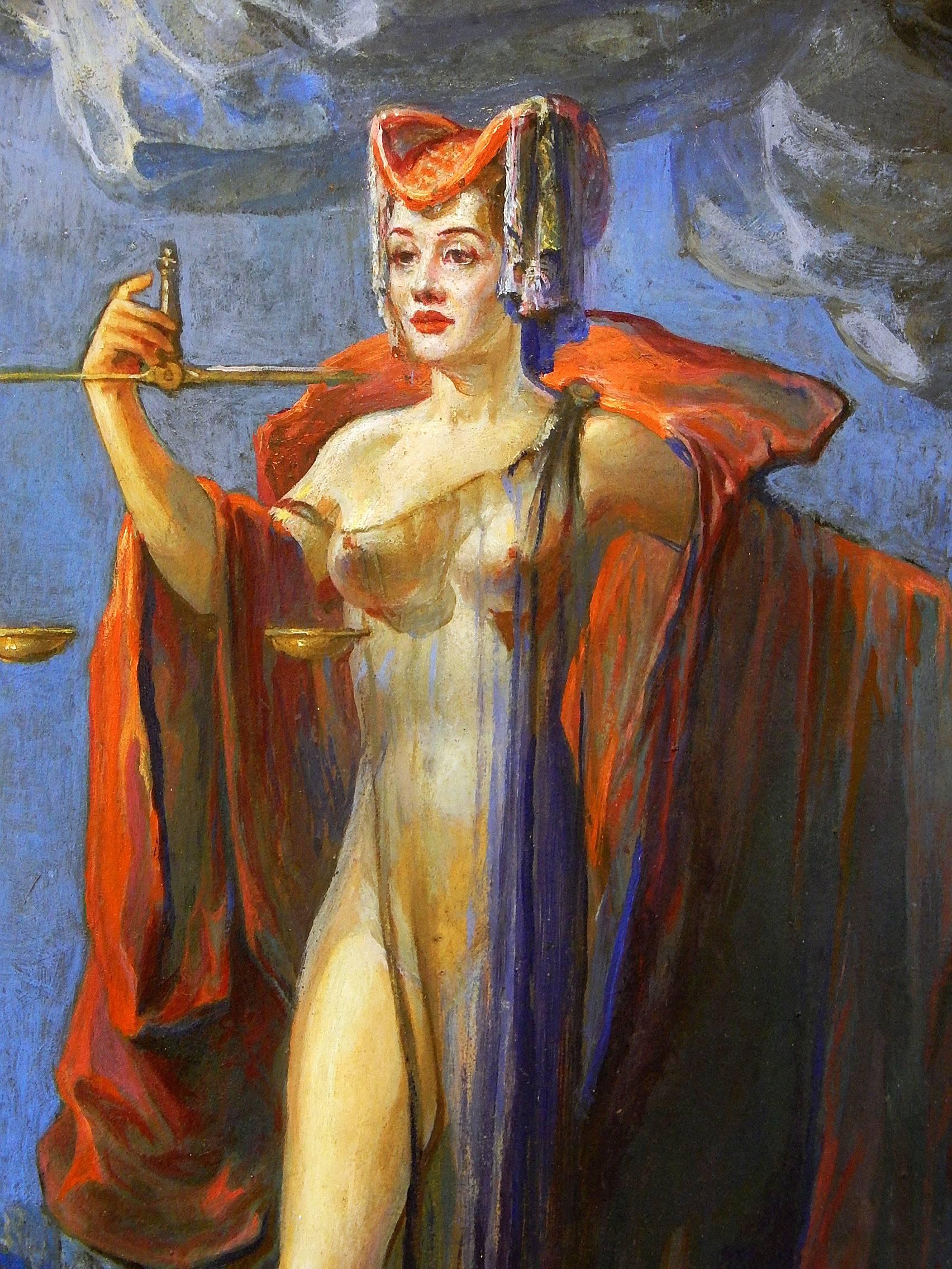 Drenched with color and suffused with voluptuous sensuality, this allegorical depiction of a nude Justice is a Hollywood-influenced take on Classical themes. Like the traditional figure of Justice, the female figure here is half-nude and shown