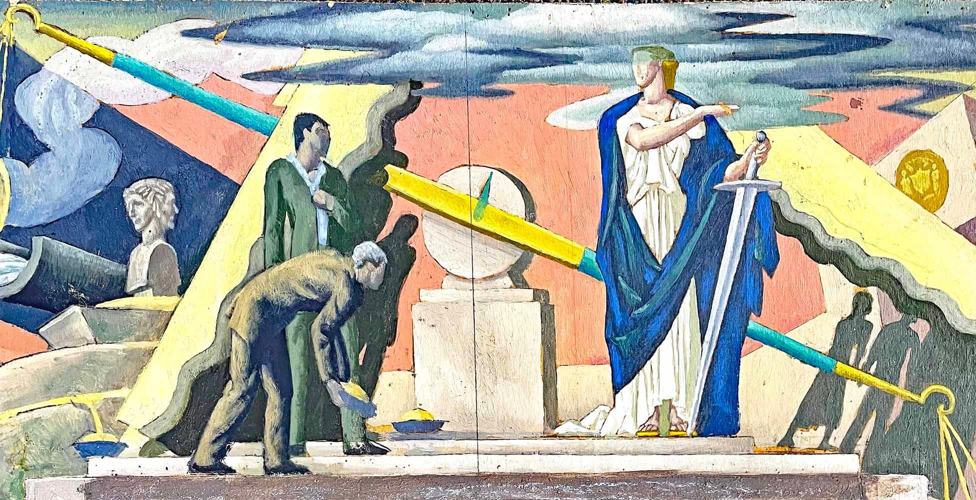 Exemple frappant de l'art mural de la WPA, cette étude pour l'une des peintures murales proposées pour la nouvelle Cour suprême du Queens -- un projet de la Works Progress Administration des années 1930.  dans le Queens, à New York, a été peint par