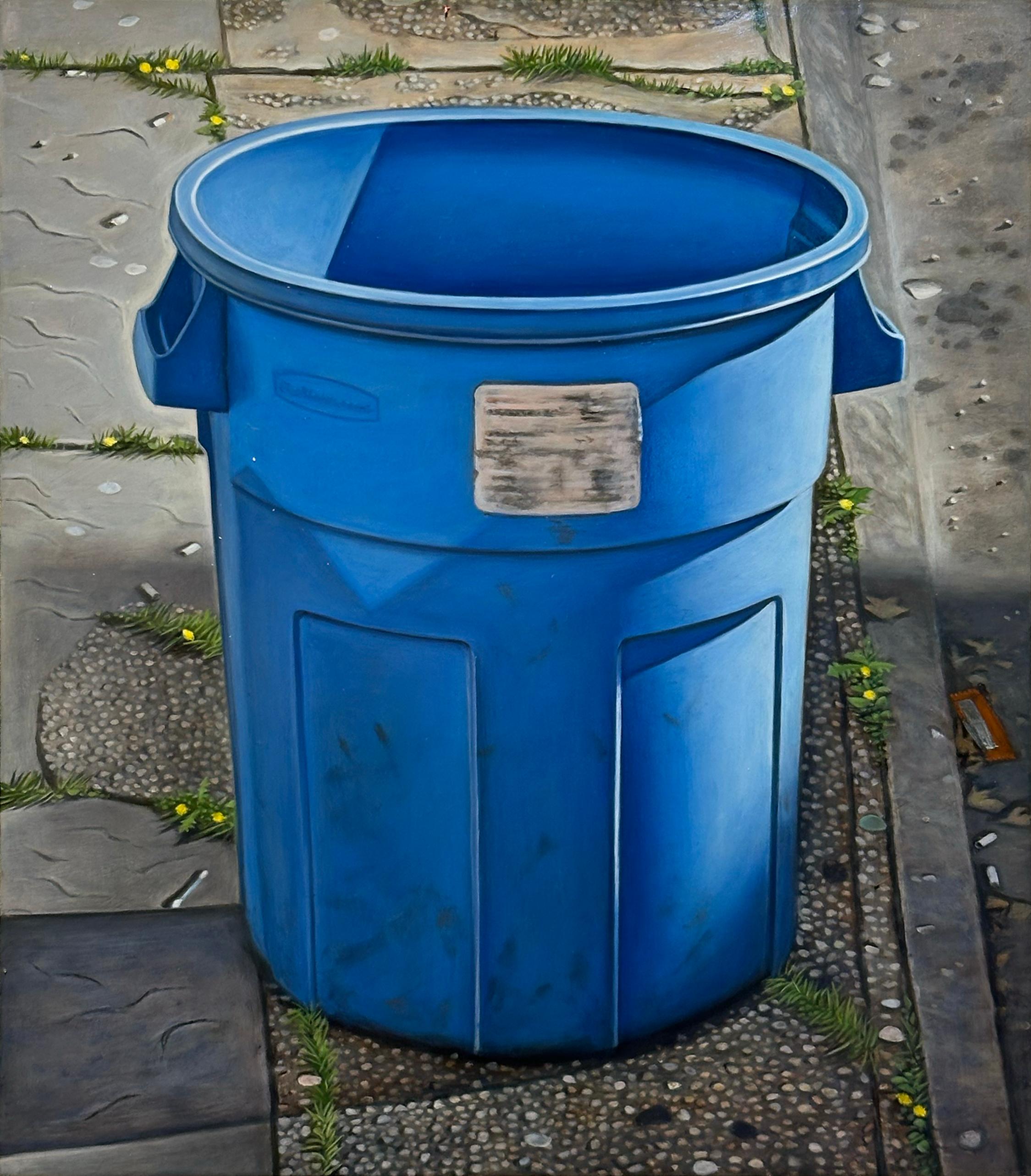 Justin Allen Still-Life Painting – Blauer runder Mülleimer