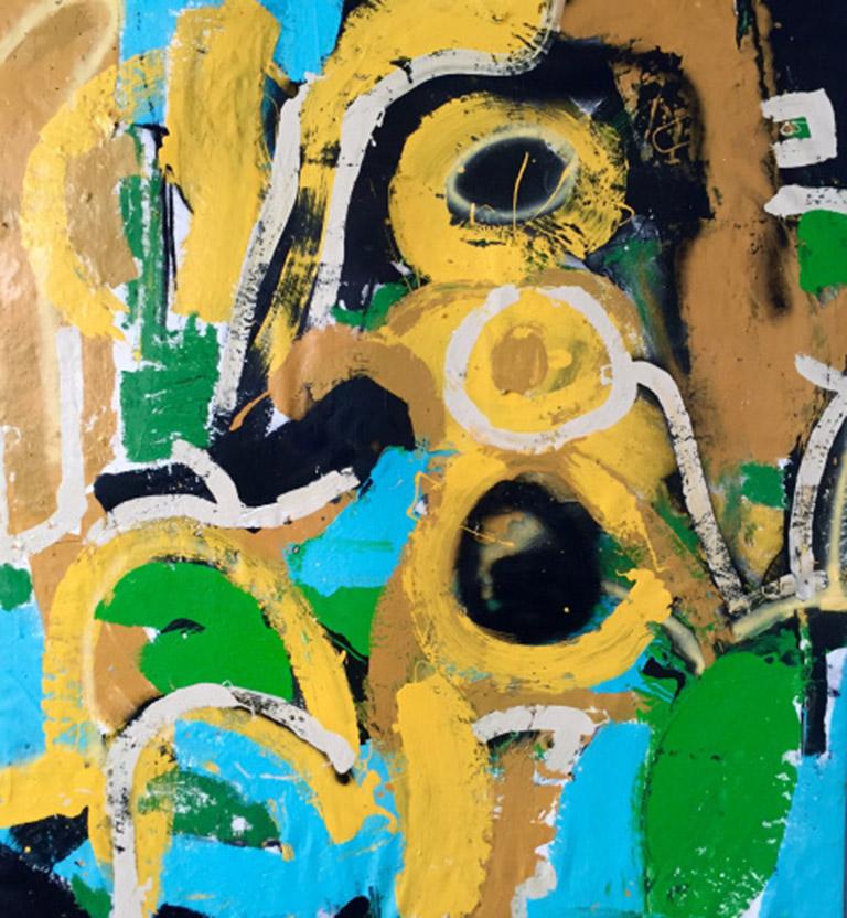 Abstract Geometric Composition with Green, Blue and Yellow Hues, "Fancy Lad" - Painting by Justin Brennan 