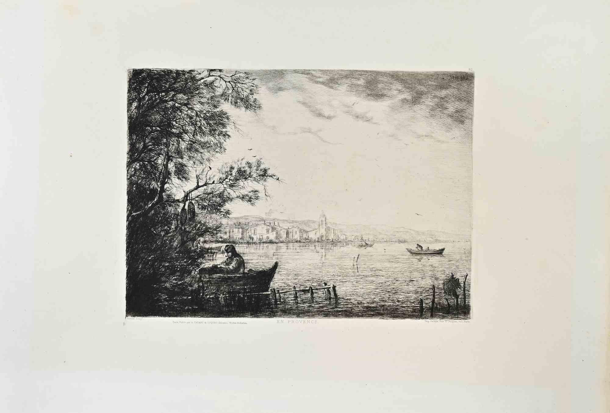 En Provence is a black and white etching realized by Justin Gabriel (1838-1923) in 1870s.

Titled in the lower.

Image size: 31cmx22cm.

Very Good condition.

Dated in the upper right.

Realized by Cadart for the "Société des Aquafortistes. Born on