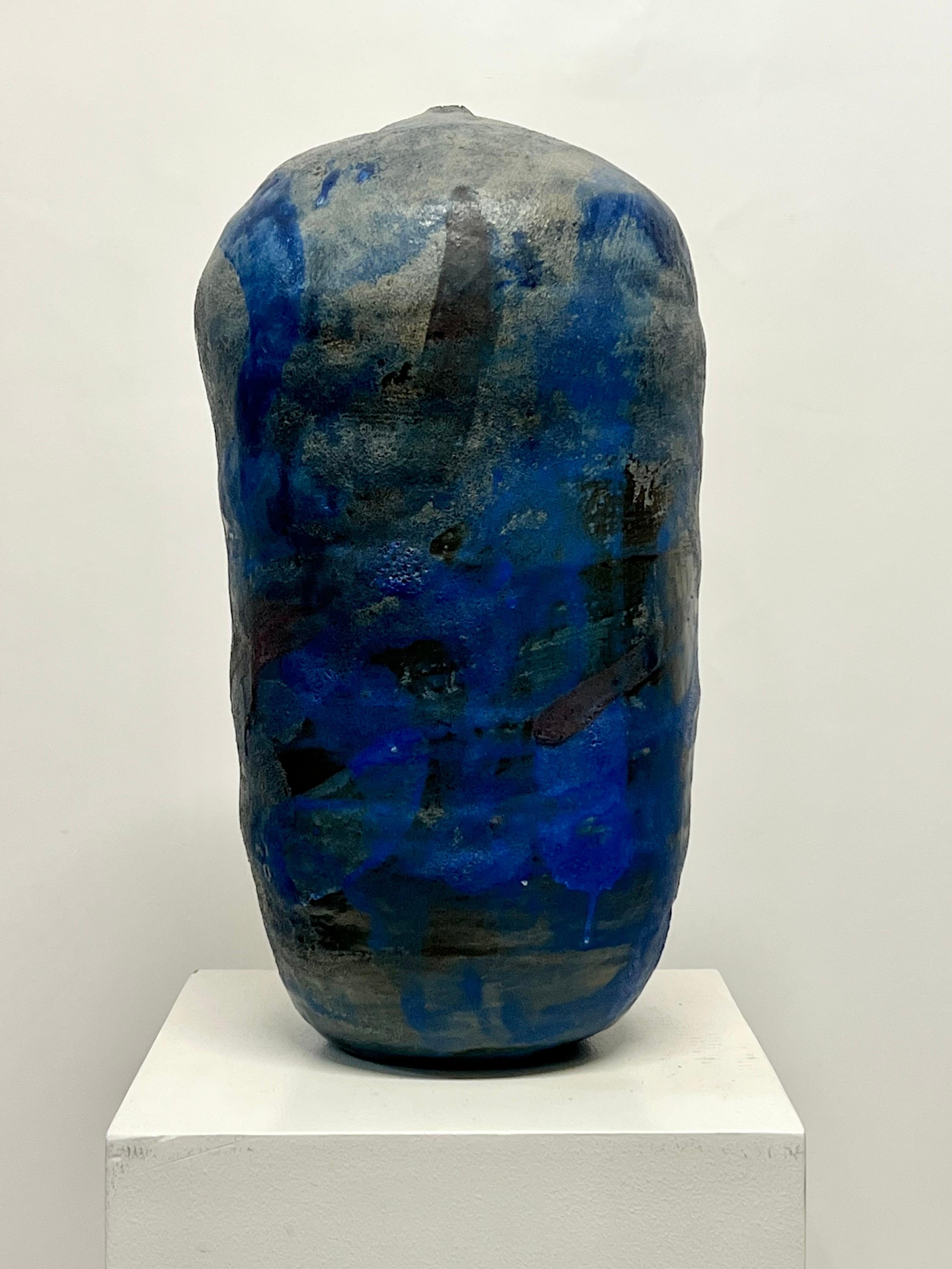 Large abstract ceramic vessel with various shades of blue by Bay Area artist, Justin Hoffman circa 2021. Hoffman (b.1974) is an American ceramic artist and painter based in the San Francisco Bay Area. His work constantly shifts between sculpture,
