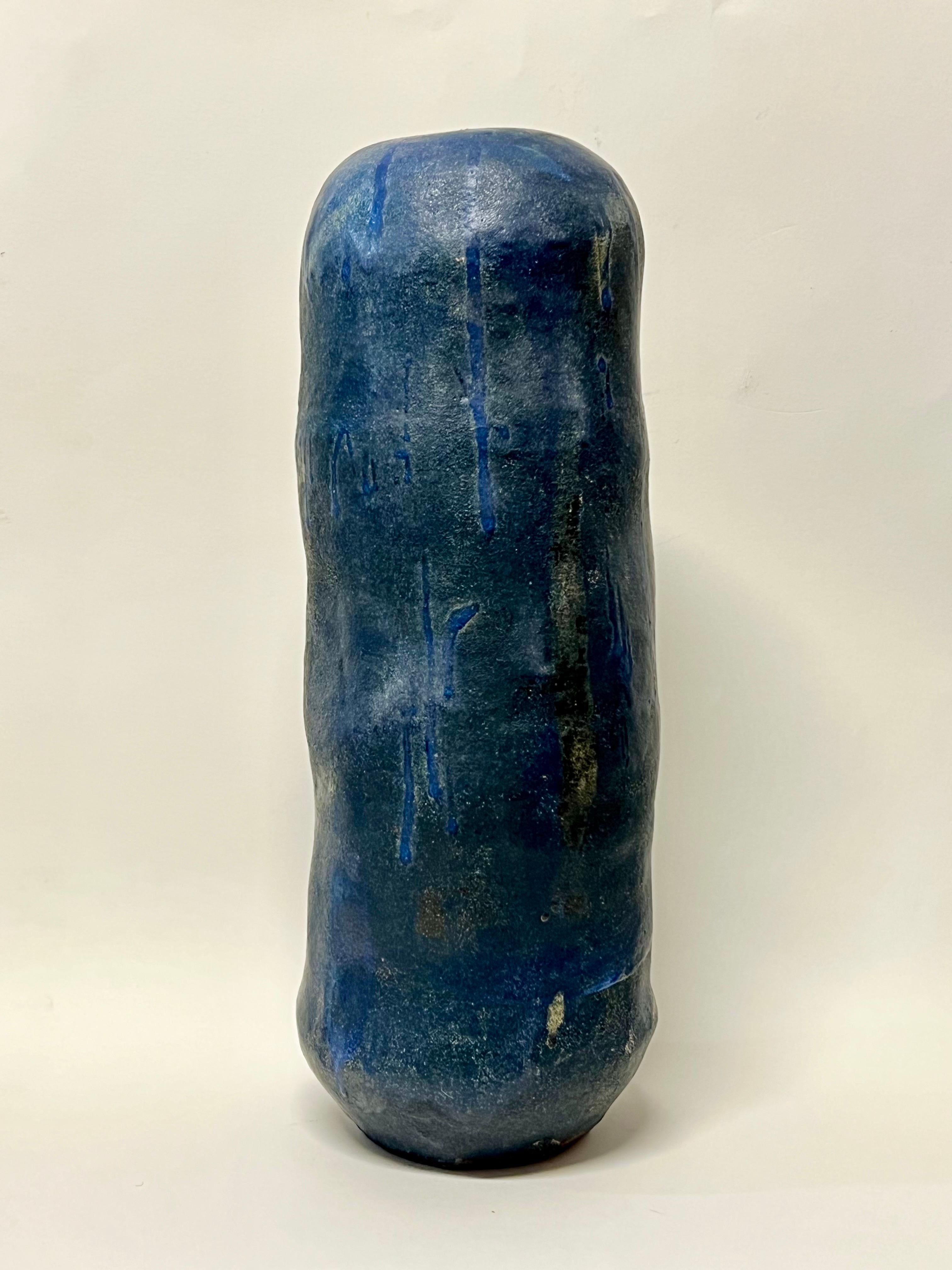 Large abstract ceramic vessel with various shades of blue by Bay Area artist, Justin Hoffman circa 2021. Hoffman (b.1974) is an American ceramic artist and painter based in the San Francisco Bay Area. His work constantly shifts between sculpture,