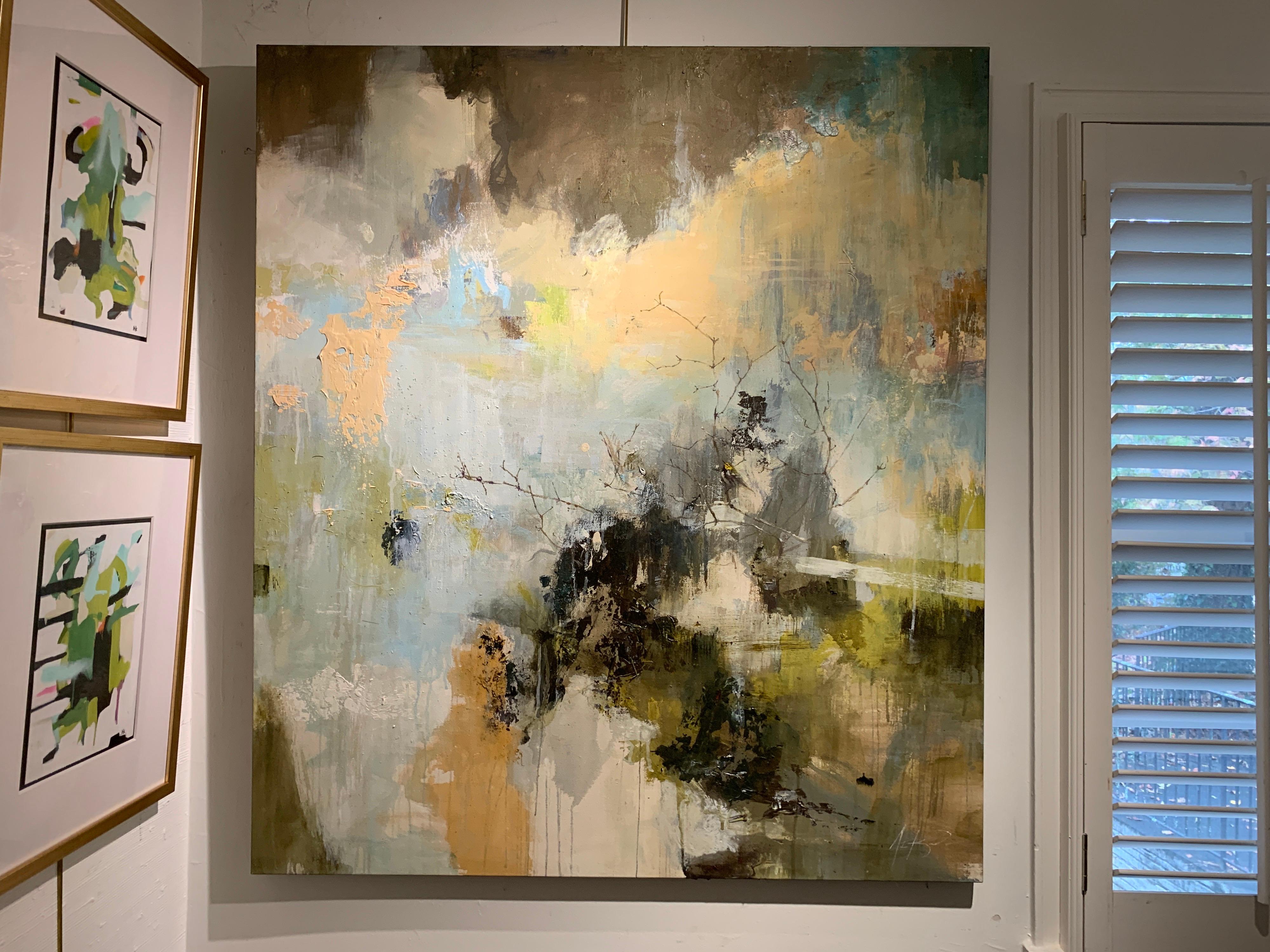 'It's Still an Early Morning (Black-throated Green Warbler)' is a large vertical mixed media on canvas abstract painting created by American artist Justin Kellner in 2020. Featuring a neutral palette among other tones, the painting presents an