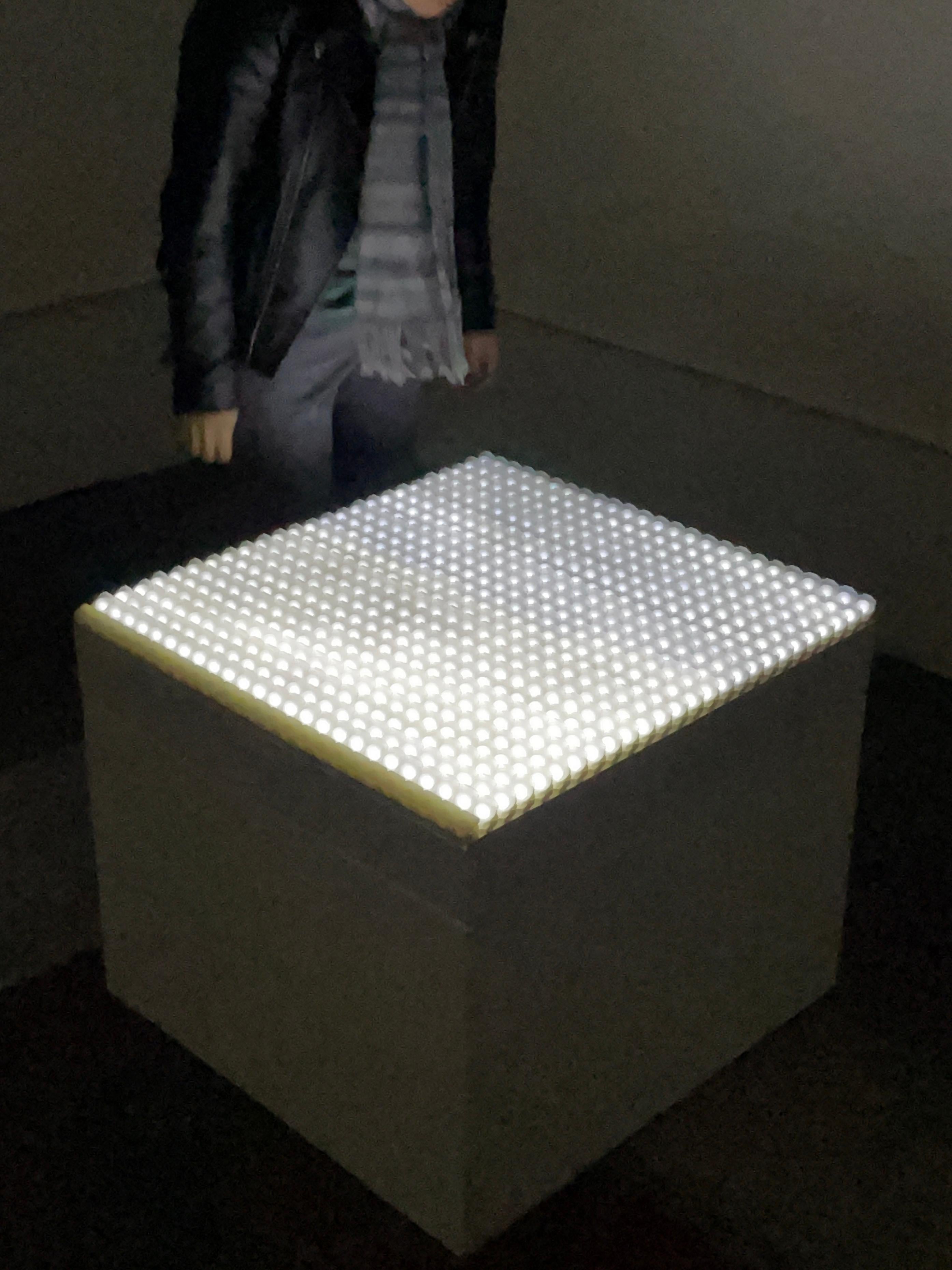 Poly-Mer est une sculpture lumineuse qui réutilise les plateaux en plastique dans lesquels sont emballées les lentilles de contact et les superpose pour former une surface translucide en forme de bardeau. La surface matérielle formée par ces