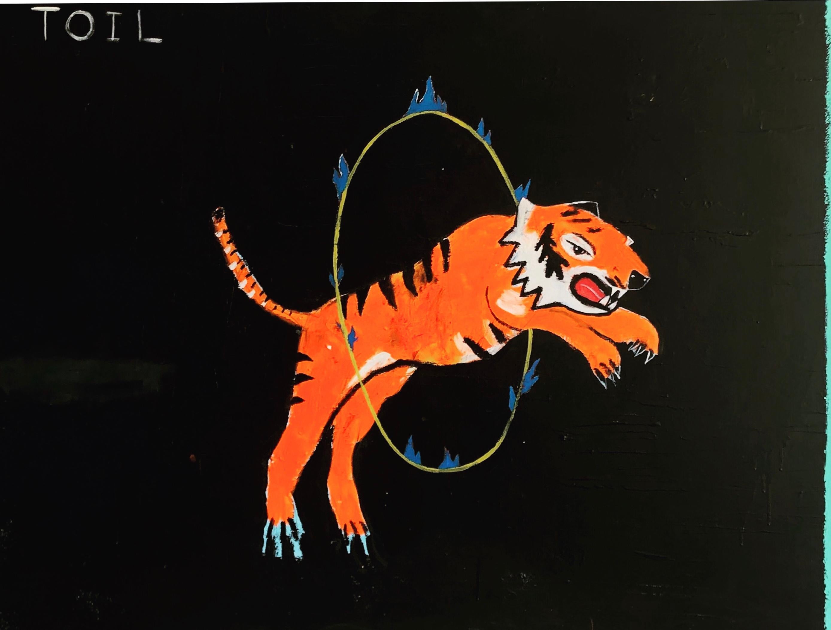 Justin Lyons Animal Painting - JUSTIN LYONS, "Back to the Grind " contemporary bold tiger jumping on black