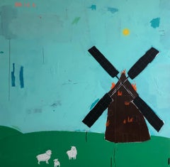 JUSTIN LYONS "Earth, Windmill on Fire" contemporary windmill landscape on canvas