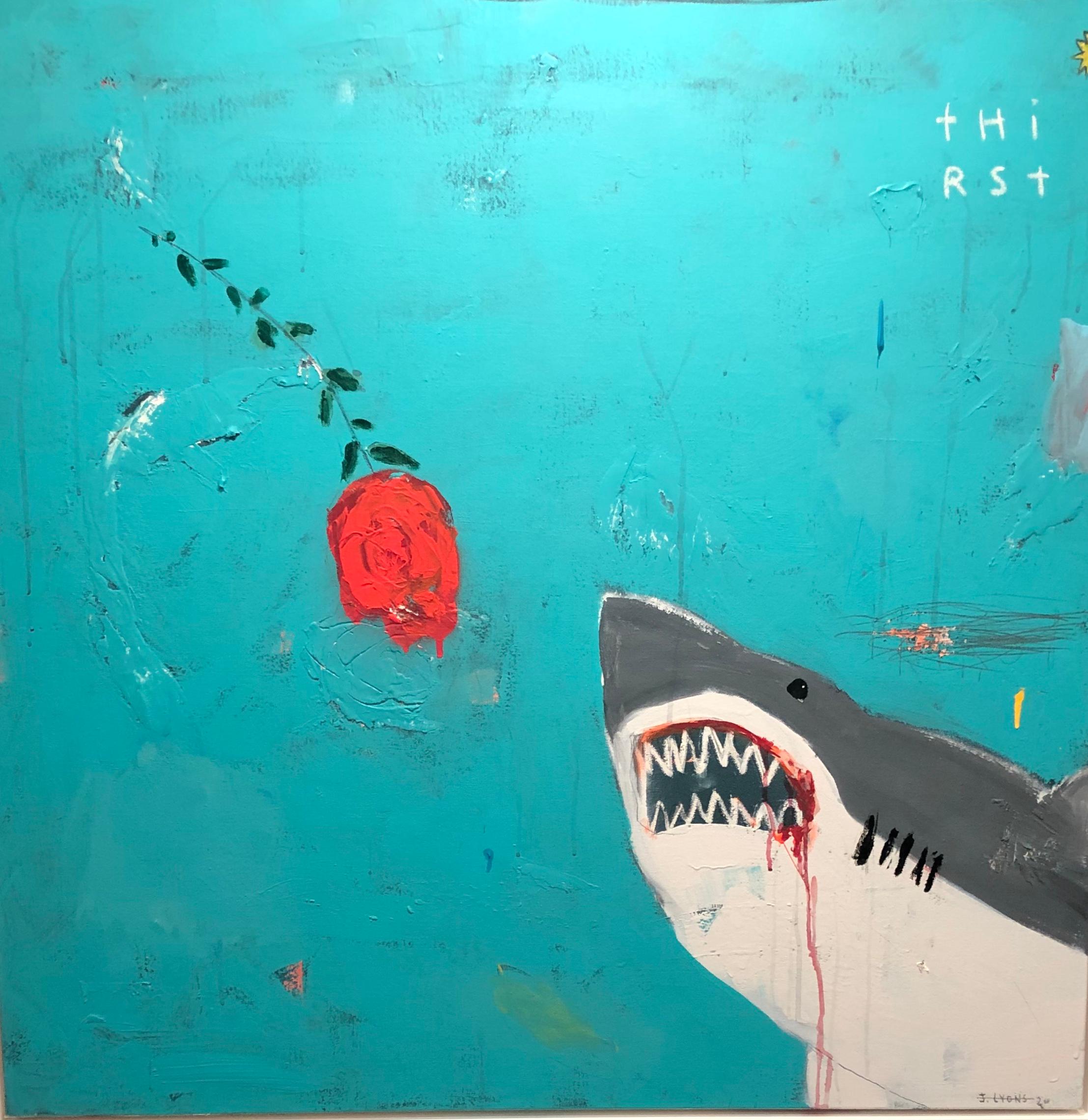 Justin Lyons Animal Painting - JUSTIN LYONS "Love Aquatic" mixed media contemporary shark painting