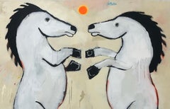 JUSTIN LYONS, Nigh at High, large playful contemporary painting 2 horses dancing