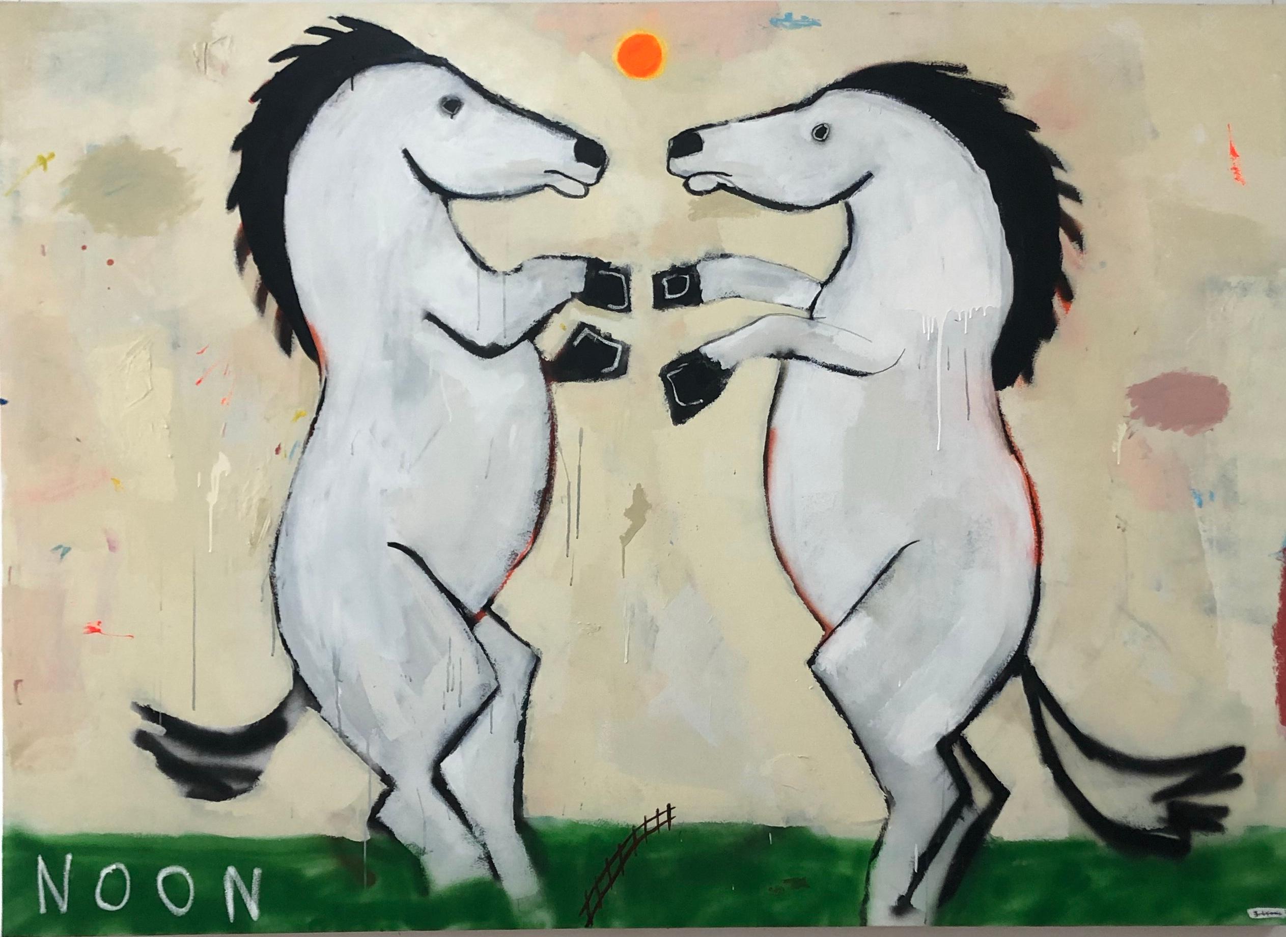 Justin Lyons Animal Painting - JUSTIN LYONS, Nigh at High, large playful contemporary painting 2 horses dancing