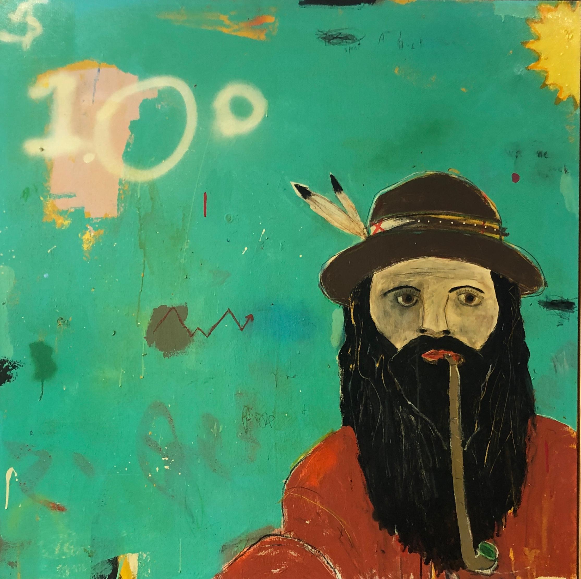Justin Lyons Figurative Painting - JUSTIN LYONS "Penny Stock Tip that's Hip" mixed media on canvas hipster w pipe
