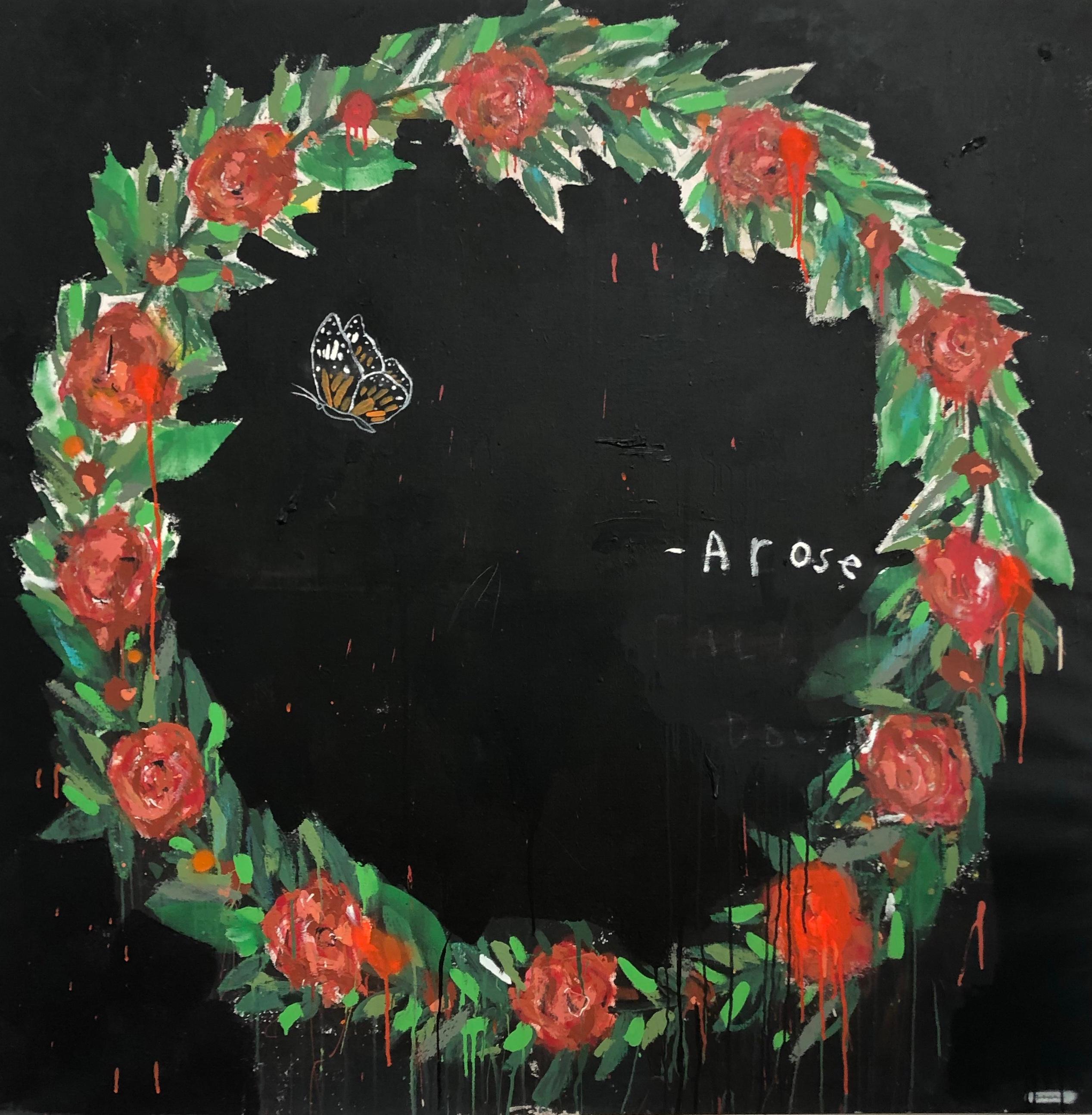 Justin Lyons Still-Life Painting - JUSTIN LYONS "Rise Arose" a wreath of roses with butterfly mixed media painting