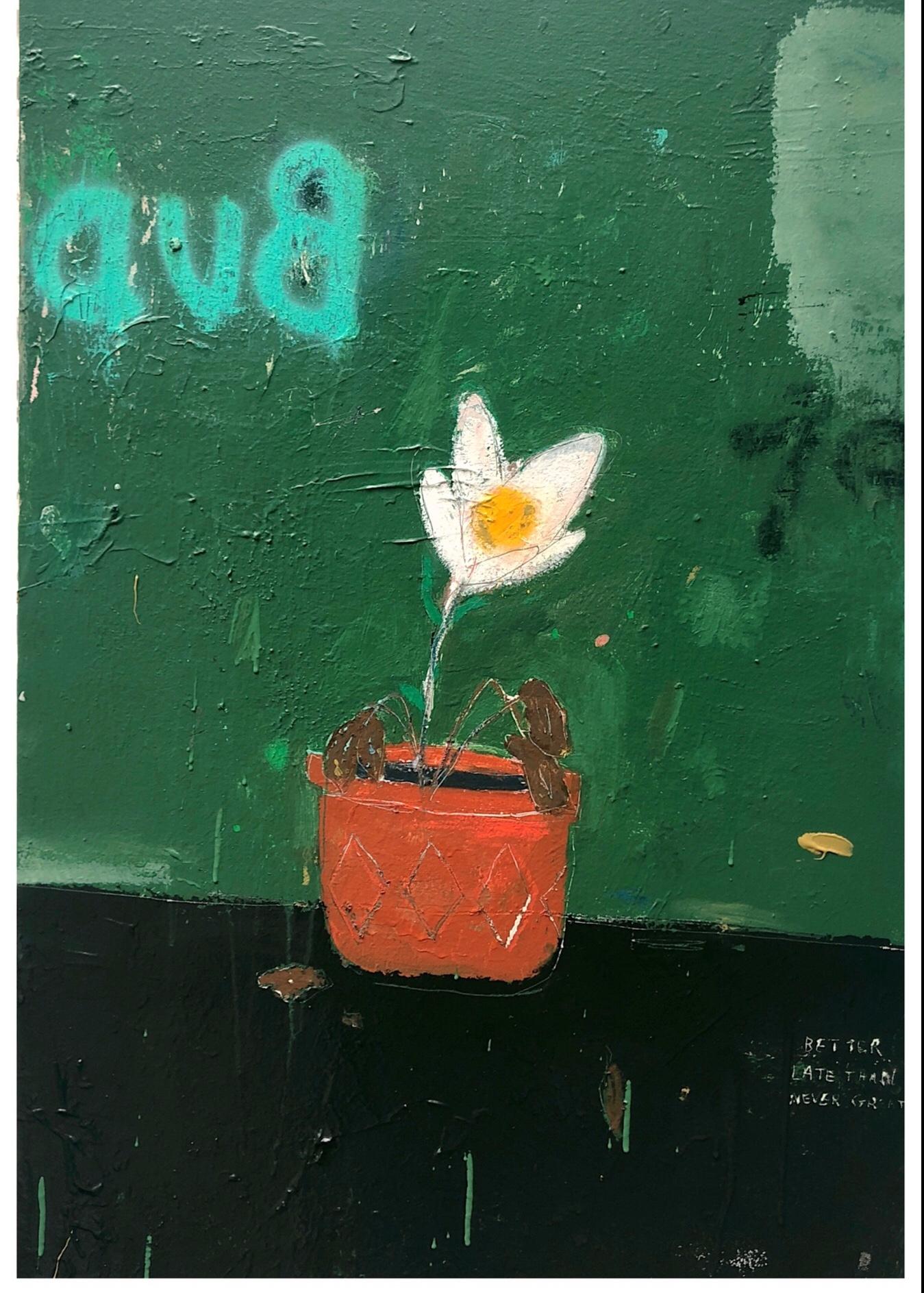Justin Lyons Still-Life Painting - JUSTIN LYONS, "Late Bloomer" sweet contemporary flower painting green background