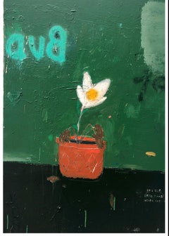 JUSTIN LYONS, "Late Bloomer" sweet contemporary flower painting green background