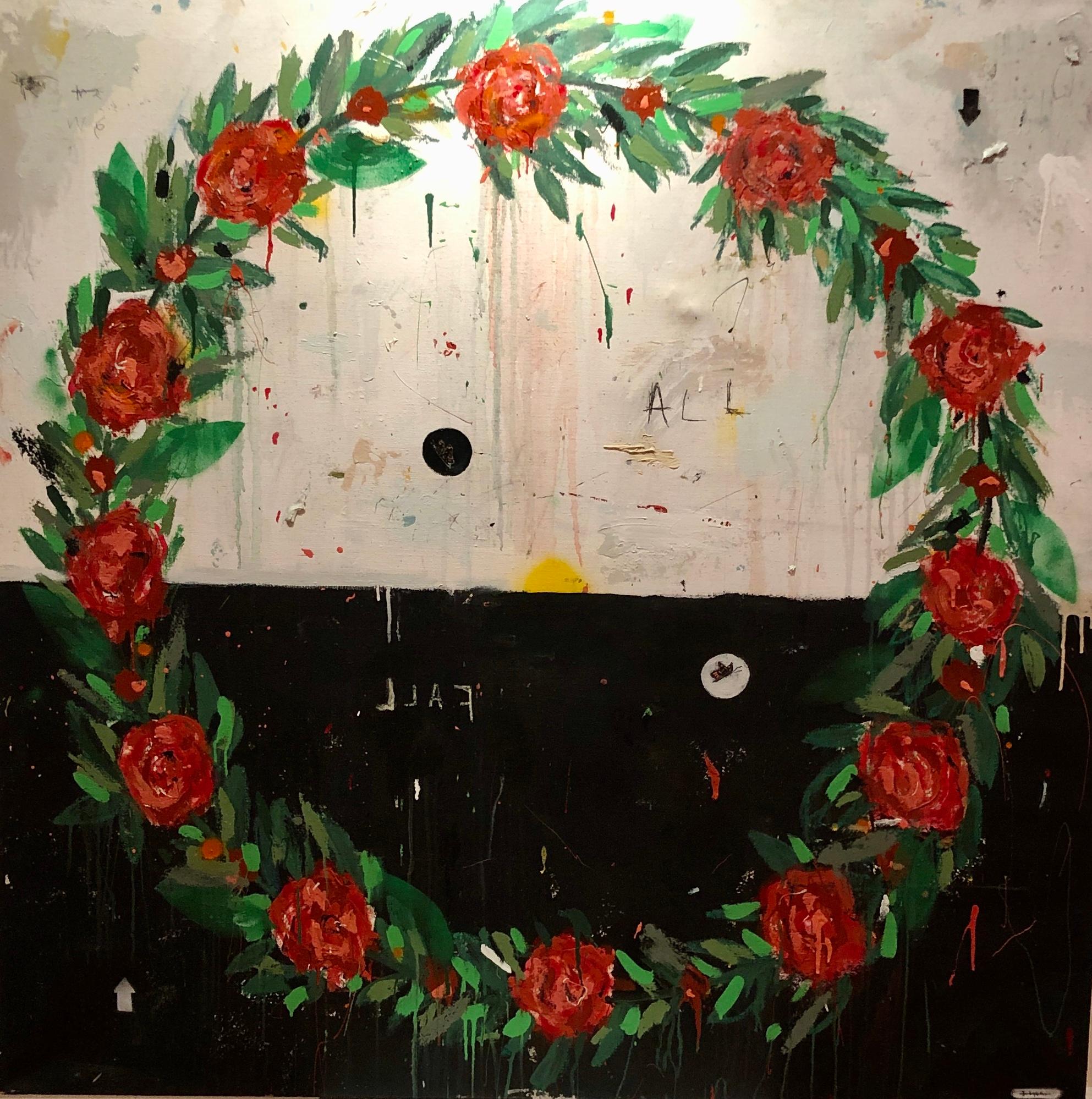 Large scale contemporary painting of a wreath of roses with the words "We All Fall" incorporated. Lyons’s mediums include wood, acrylic, house paint, spray paint, oil stick, epoxy resin and pencil. His inspirations are most often triggered by a