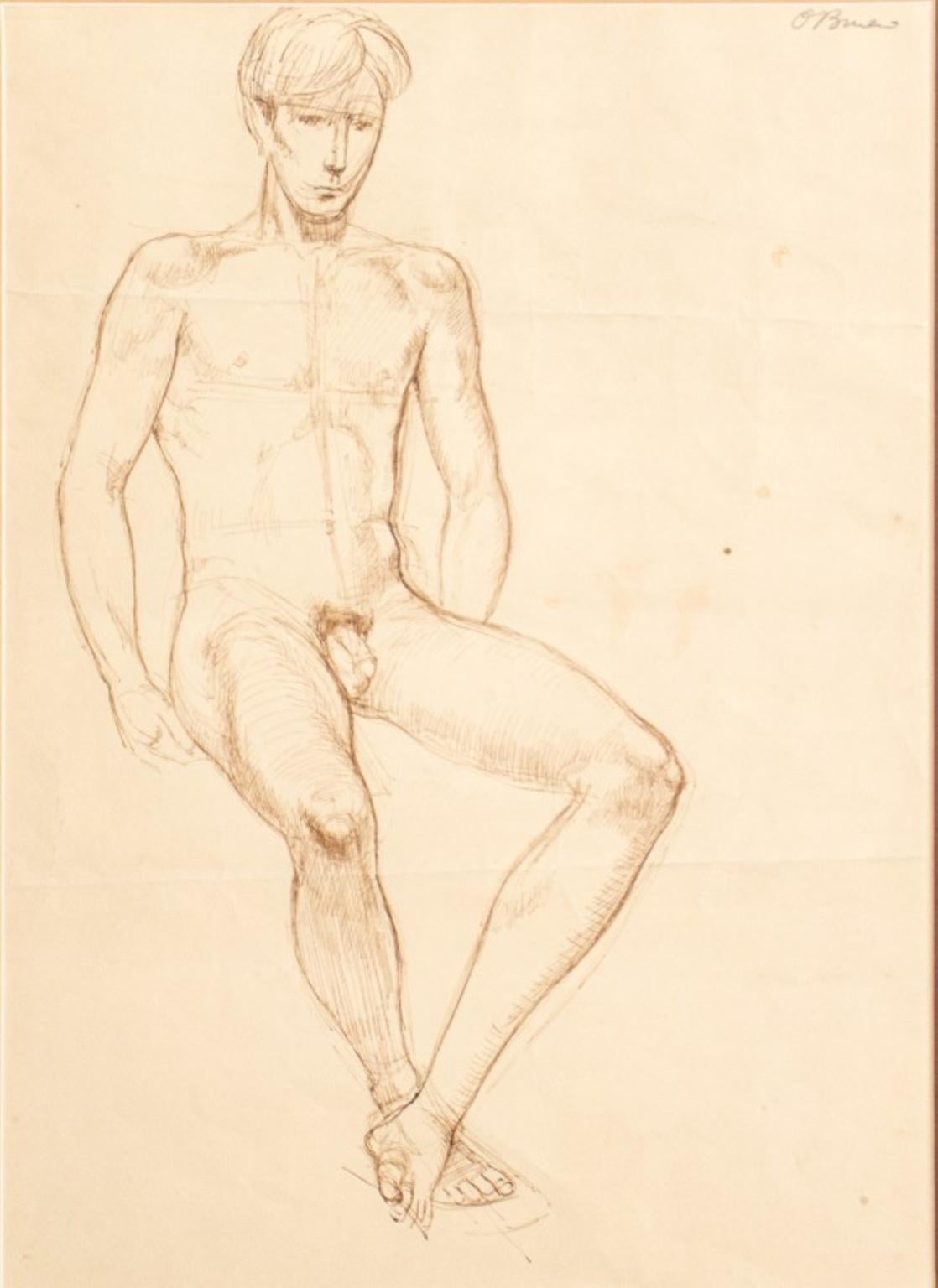 Justin Maurice O'Brien (Australian, 1917-1996) figure study sketch ink on paper drawing depicting a nude man, signed pencil signed upper right, housed under glass in a wood frame. In very good vintage condition.

Dealer: S138XX
