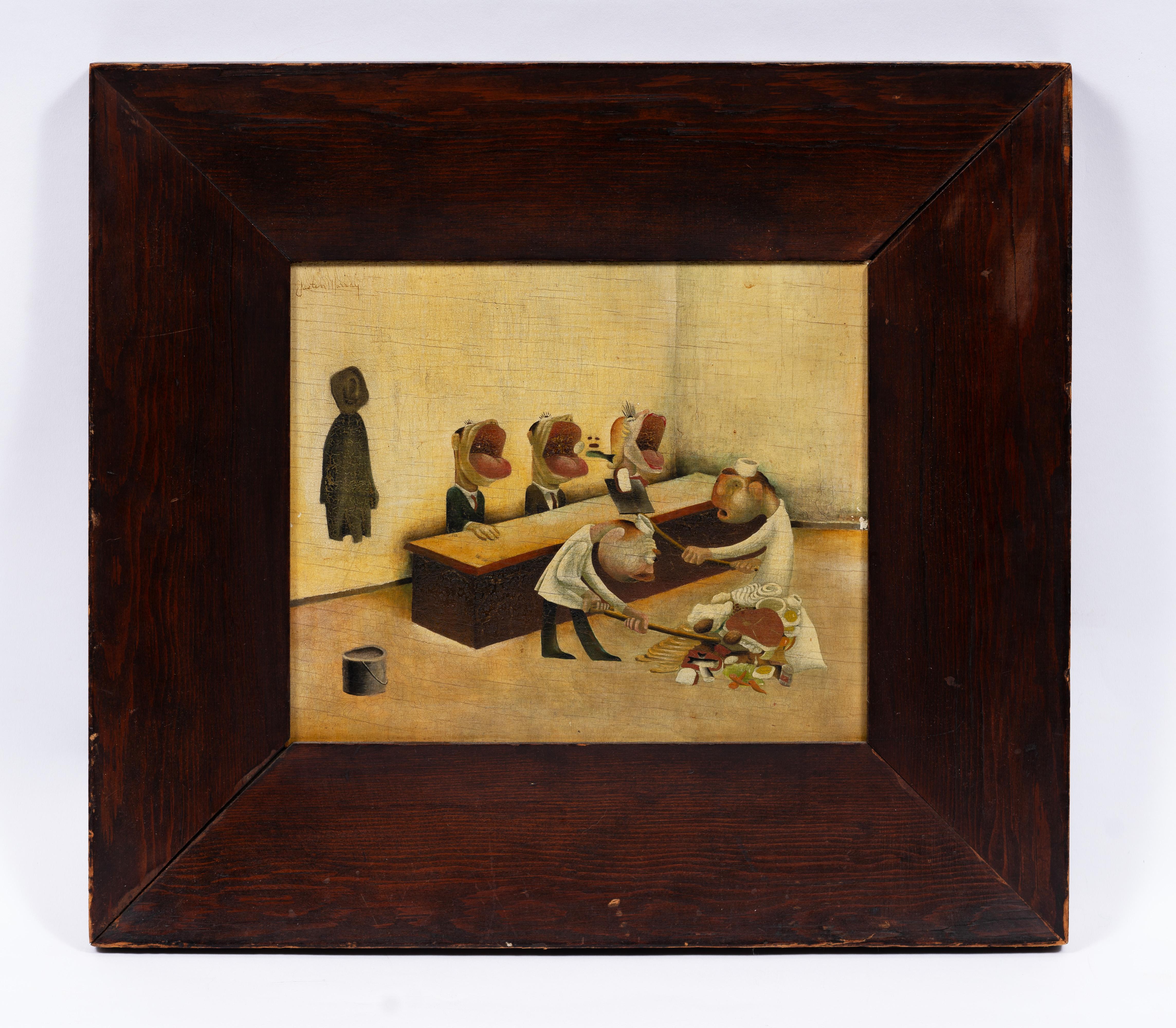 Antique American modernist interior scene of figures eating lunch by the shovel full.  Really well painted and unusual scene.  A rare early work by Justin Murray (1912 - 1987).  Signed.  Another great painting verso as well.  Nicely framed.  